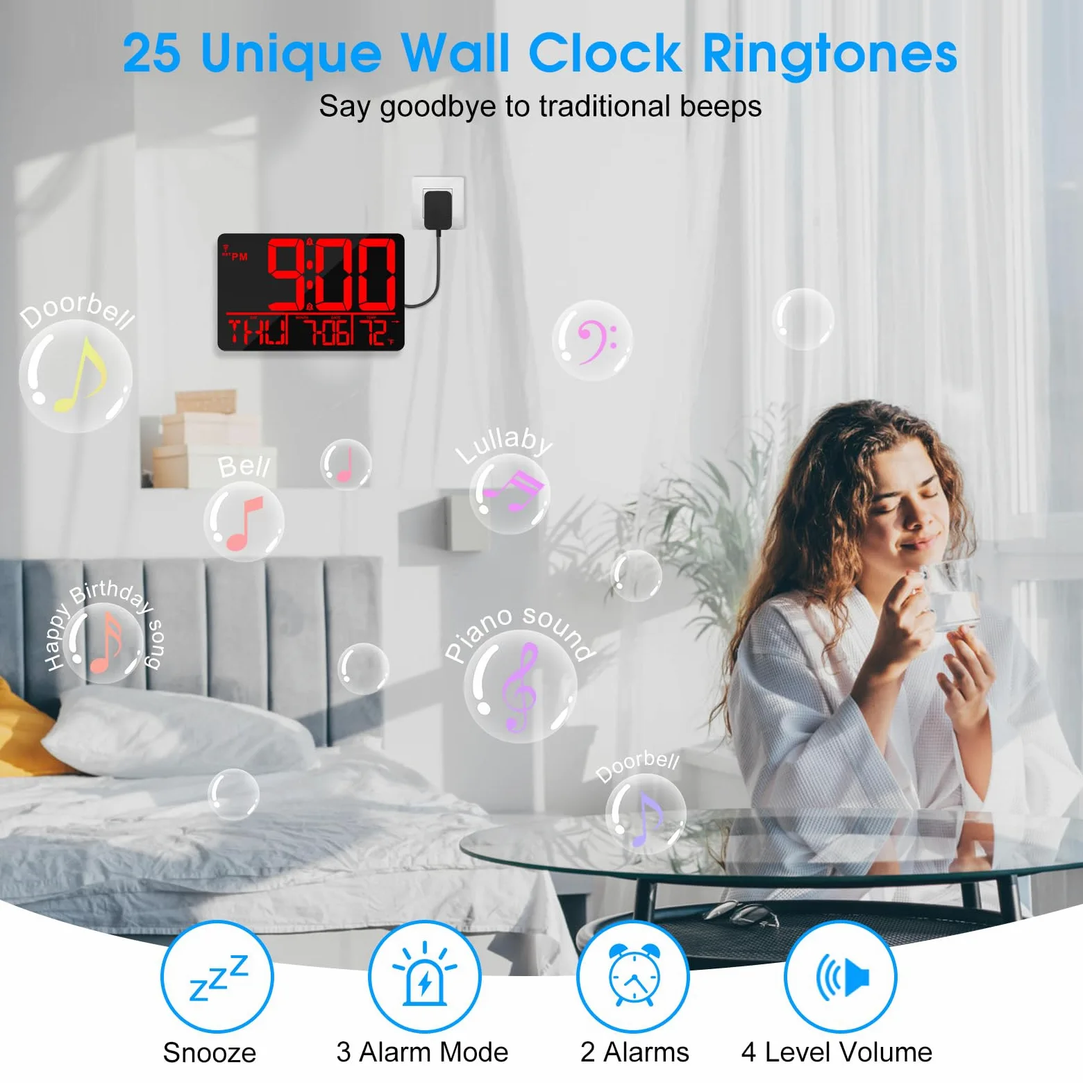 Grande horloge murale numérique LED de 33 cm avec télécommande, synchronisation Bluetooth, 25 sonneries, température, date et jour de la semaine, double alarme, luminosité automatique, DST