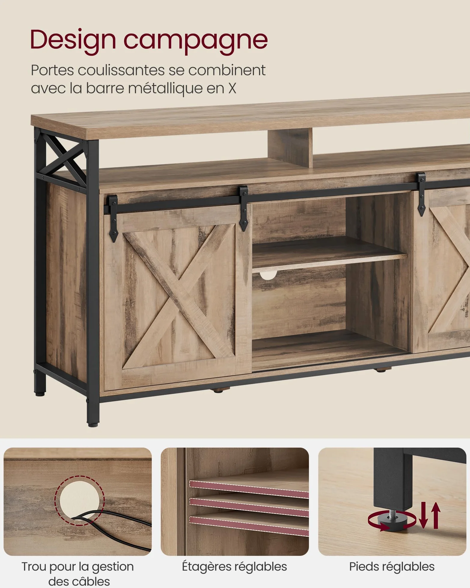 VASAGLE Meuble TV, Support pour Téléviseur Jusqu’à 65 Pouces, avec Étagères Réglables, Portes Imitation Grange, Style Rustique, Cadre en Métal, Marron Camel et Noir Simple LTV071B50V1