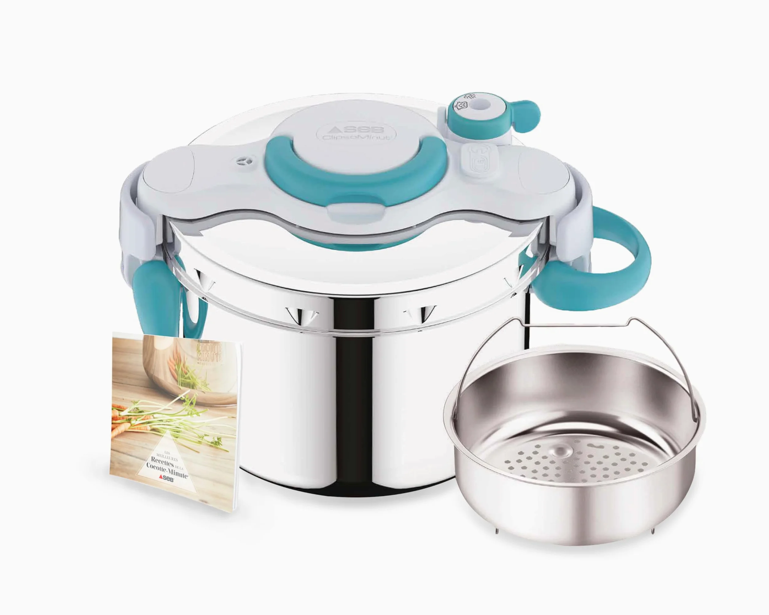 SEB ClipsoMinut' Easy+ 6L, Ouverture facile à une main, Gain de place, Cocotte-minute® induction, Fabriqué en France, Autocuiseur Inox, Bleu P4900716