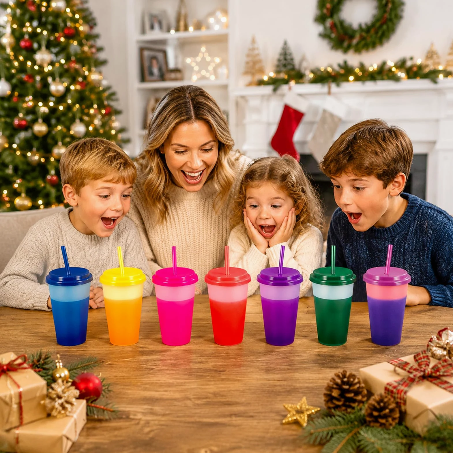 Patinao Lot de 14 gobelets avec paille et couvercle – 350 ml – Gobelets à changement de couleur réutilisables en plastique pour enfants – Tasse de voyage, tumbler, café glacé, boisson froide,