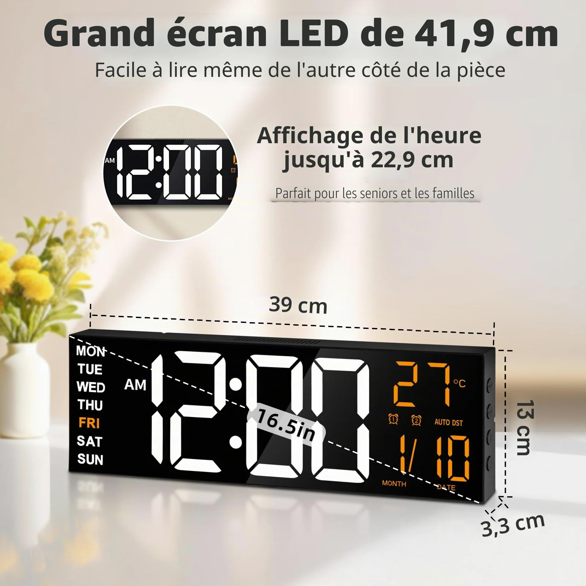 Horloge Numérique Murale 16,5" avec Minuteur, Lumière Nocturne, 2 Réveils, 8 Couleurs RGB, Réglage Auto de la Luminosité, Température, Date, 24/12 Heure pour le Salon, Chambre, Bureau, Seniors