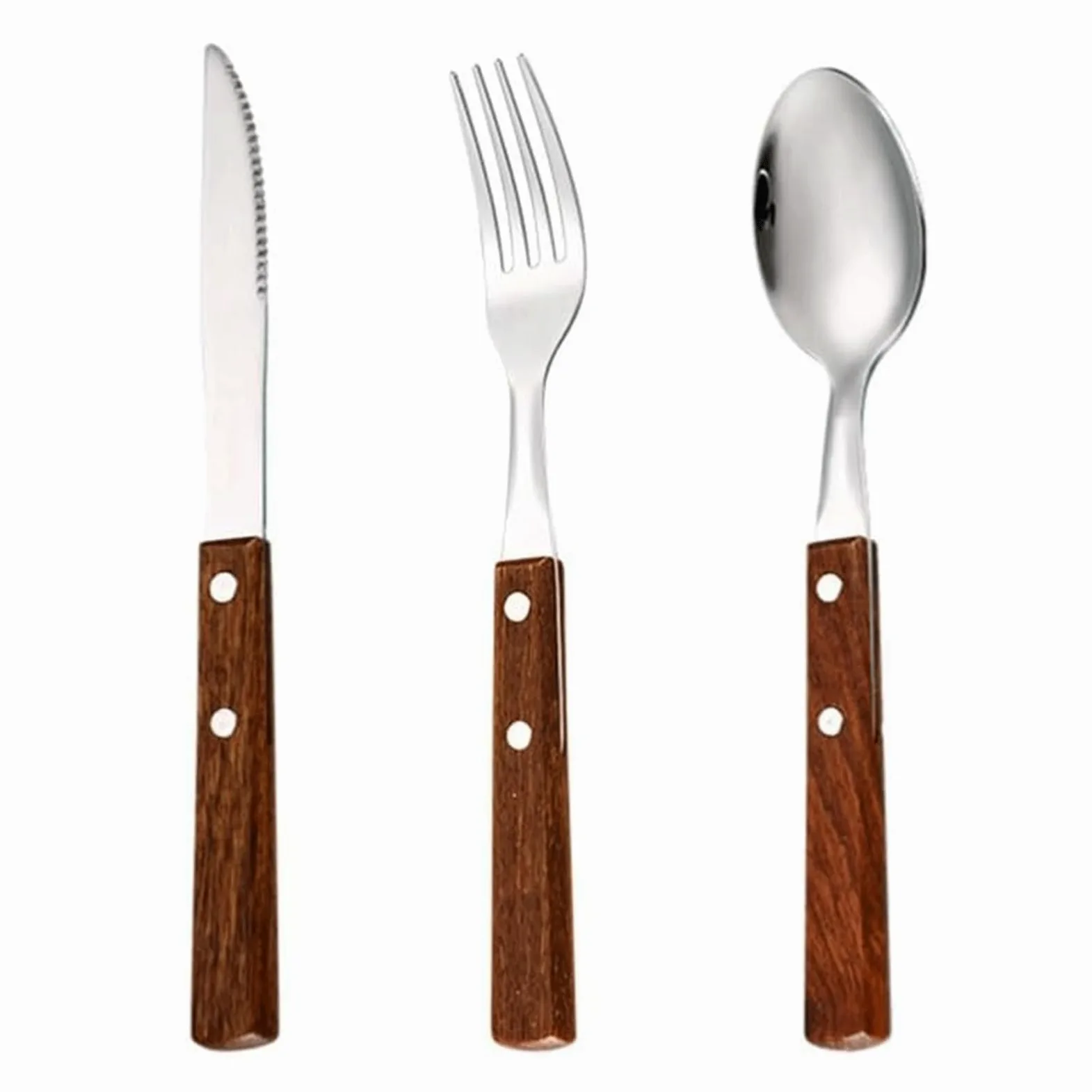 Rieort Ensemble de Couverts 1/2/3 pièces Ensemble d'argenterie Manche en Bois Couteau Fourchette cuillère Ensemble de Vaisselle en Acier Inoxydable Ensemble de Couverts rétro de Luxe