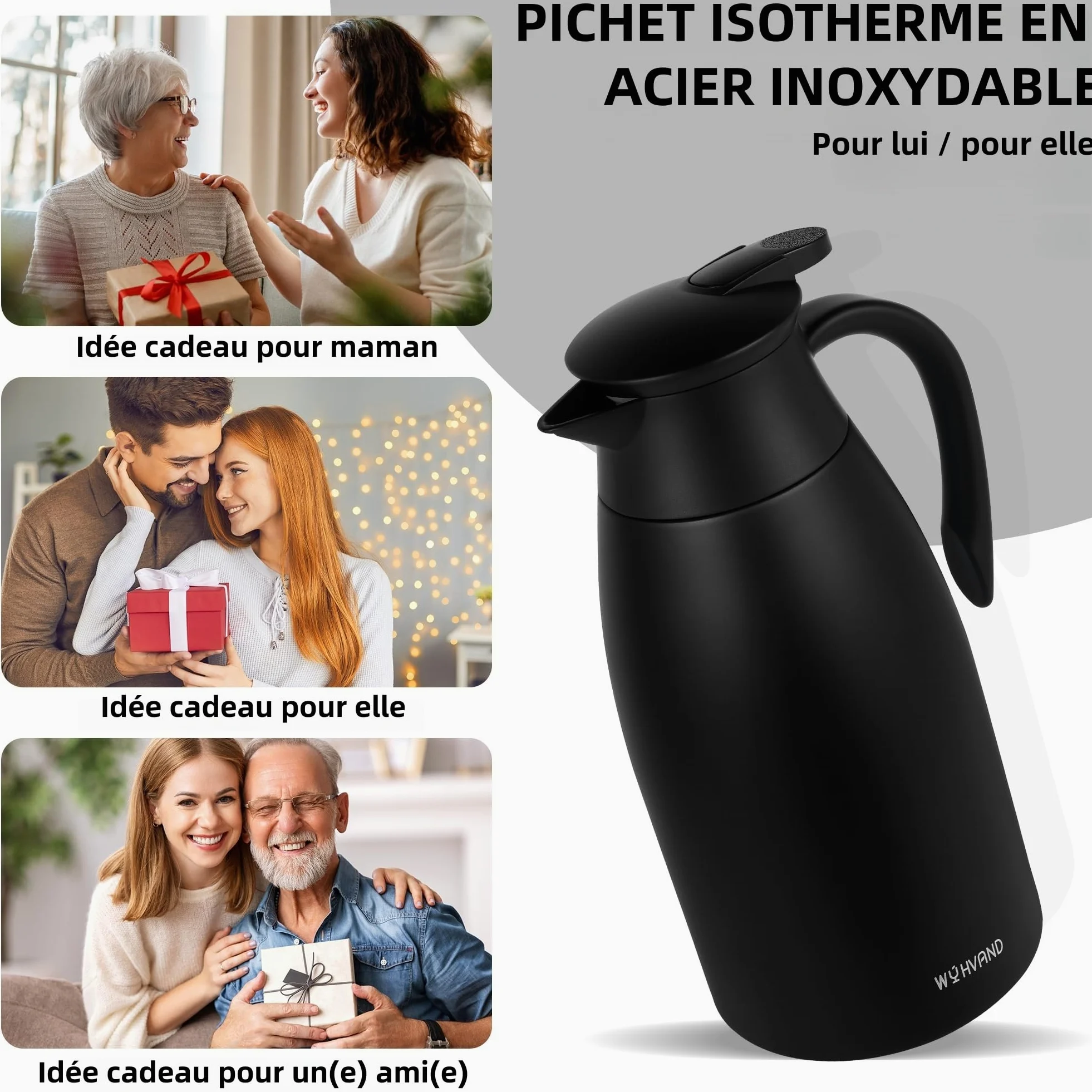 Carafe Isotherme 2L, Pichet à Café en Acier Inoxydable 304, Garde le Chaud et le Froid, Étanche, Versement à Une Main, Maison, Bureau et Hôtel, Noir