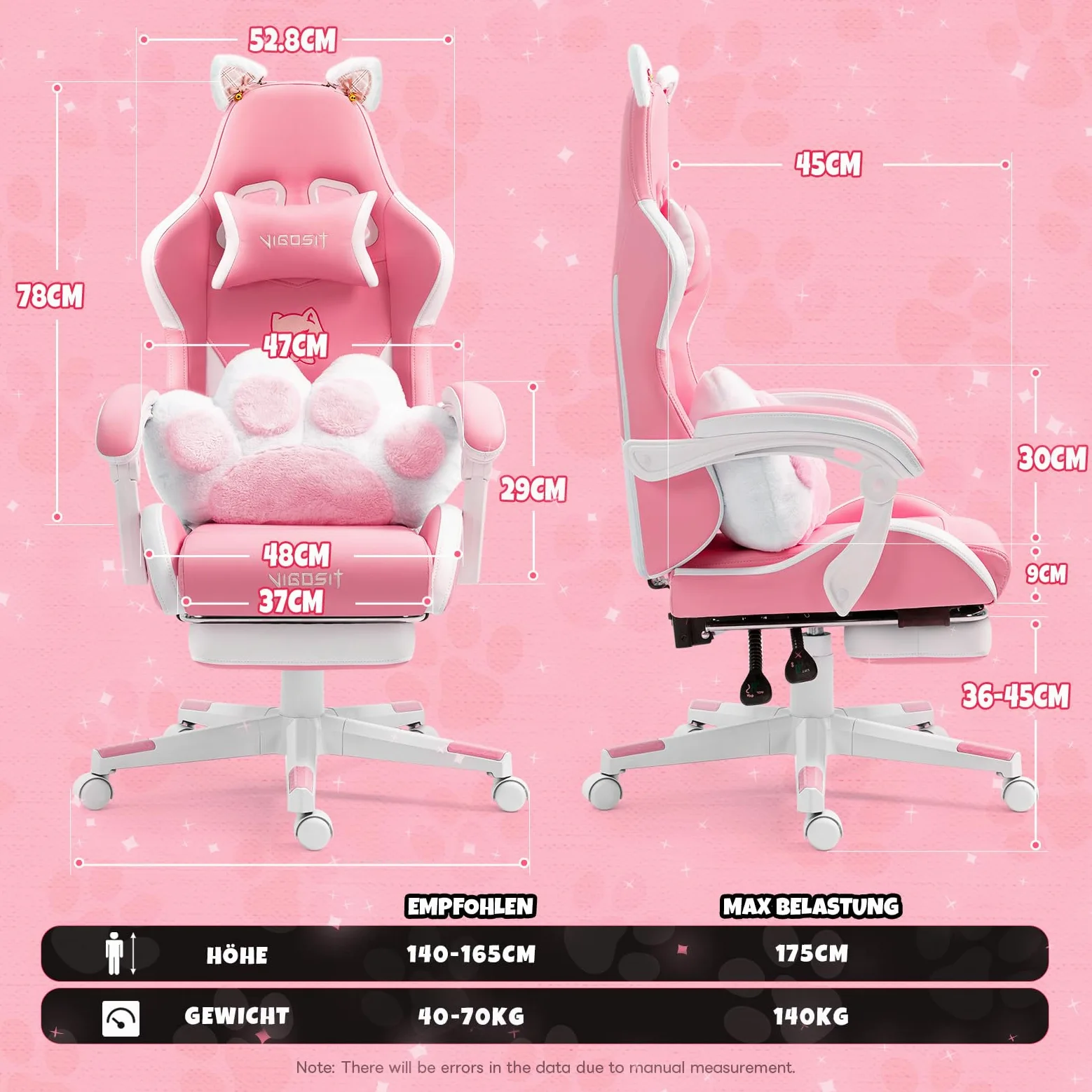 Vigosit Chaise de jeu PC mignonne, ergonomique, avec coussin lombaire et oreilles de chat, repose-pieds réglable, pour filles, adolescentes, enfants, rose