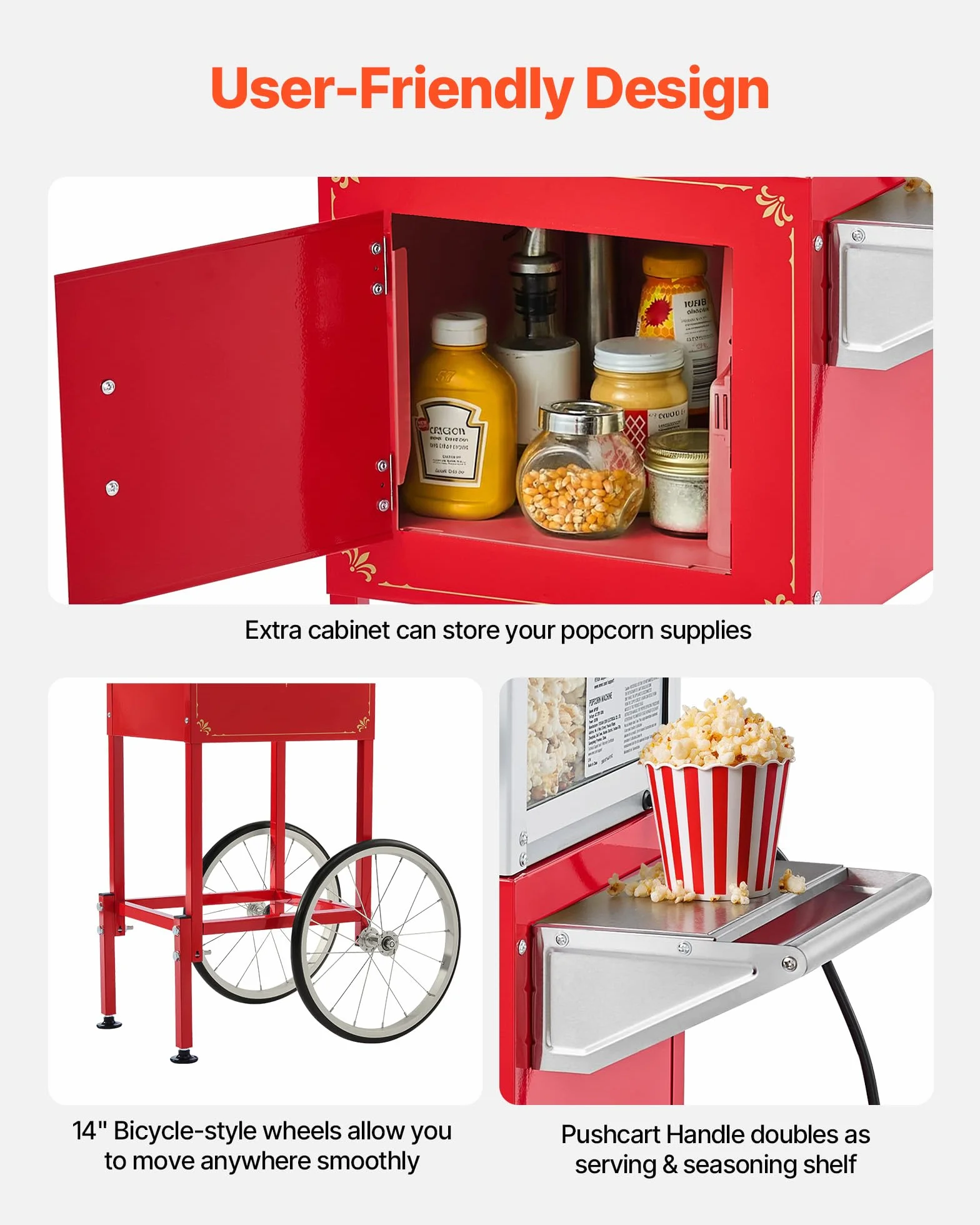 VEVOR Machine à Pop Corn avec Chariot, Éclateur de Maïs 800 W, Grand Bol en Inox 0,2 kg, 48 Tasses par Lot, avec Commande à 2 Boutons, Paroi en Verre, Porte PC, Pelle Doseuse et Cuillères, Rouge