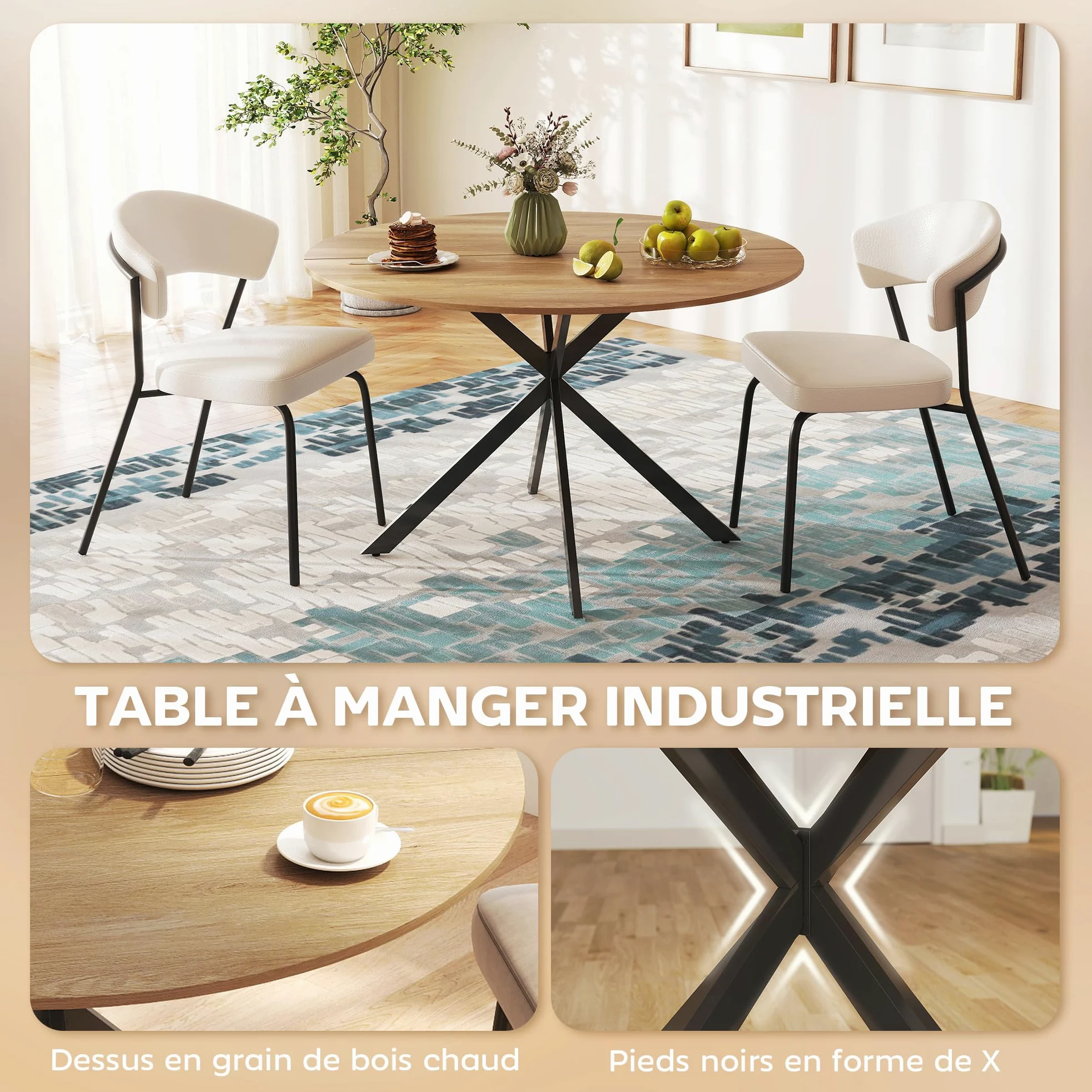 HOMCOM Table à Manger Ronde pour 4 Personnes Table de Cuisine 120 cm Style Industriel avec Plateau Aspect Bois et piètement croisé en Acier, chêne