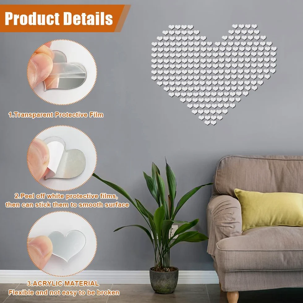 100 PCS Tuiles de Miroir de Coeur, Amour Artisanat de Petits Miroirs, Petits Carreaux de Miroir en Acrylique, Tuiles de Miroir Artisanales pour Projets d'Artisanat, Encadrement, Décoration de Chambre