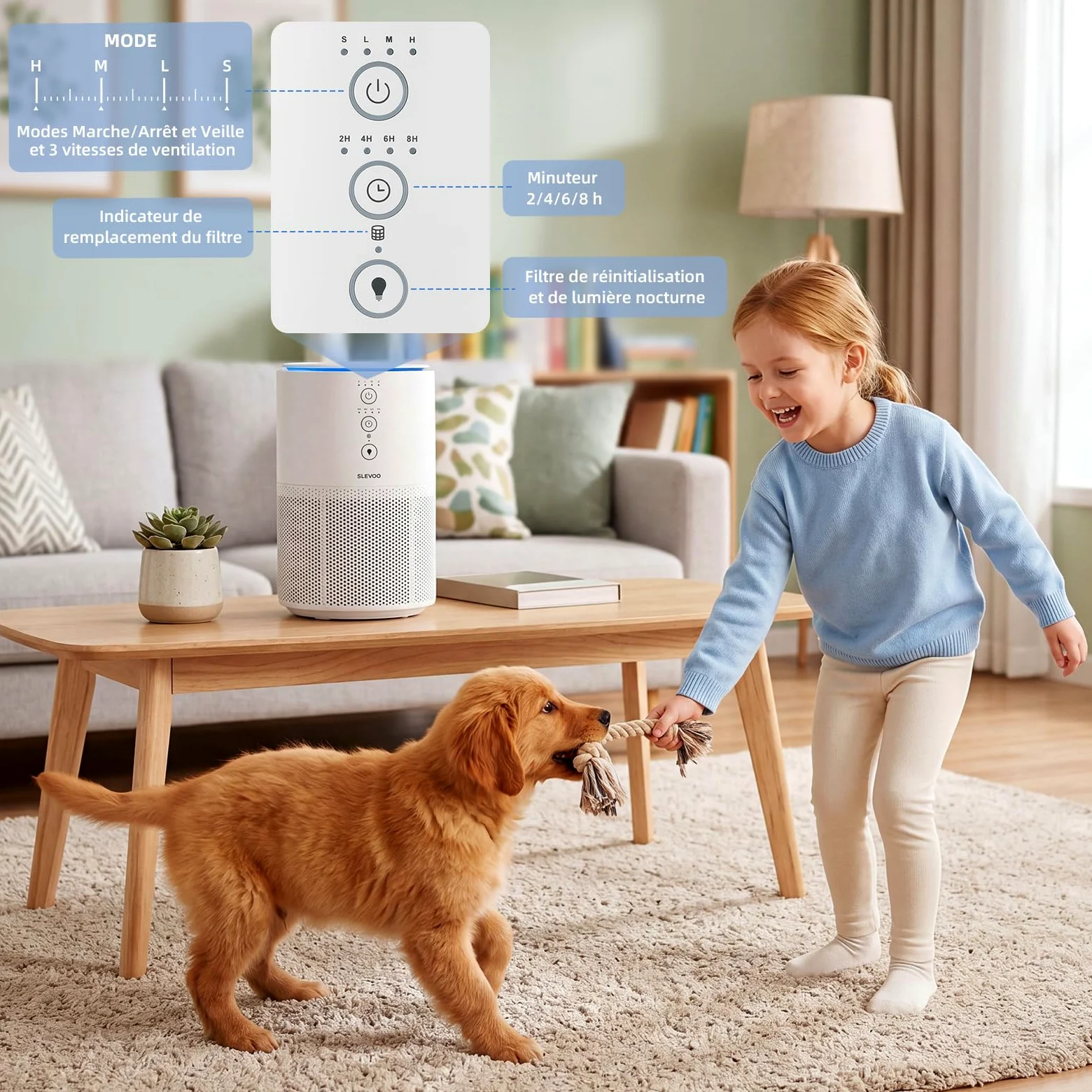 Slevoo Purificateur D'Air Chambre, Éliminant 99,97% La Fumée, La Poussière, Le Pollen Et Les Odeurs, Filtre Hepa H13 Avec Éponge Parfumée, 3 Niveaux De Vitesse & Time Mode Sommeil À 23 Db,Blanc