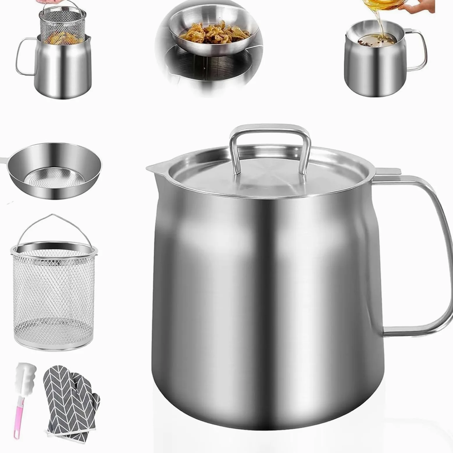 Récipient à Filtrer Huile Inox 304, 2L Grand Volume Polyvalent, Filtre à Huile de Cuisine Avec Couvercle Anti-poussière, avec Panier à Frire, Brosse à Cuisinière, Filtre et Gants