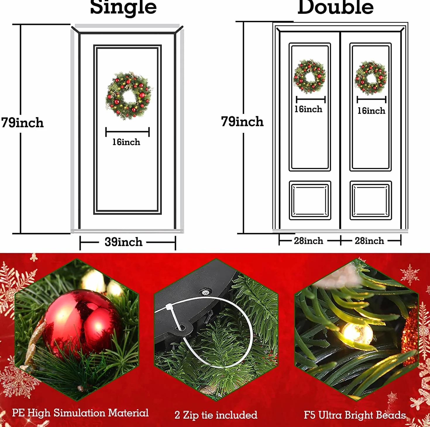 GlobaLink Couronne de Noël, Sapin Artificiel Couronne Porte d'Entrée Couronnes et Guirlandes de Noël Rouges avec Pommes de Pin,40CM