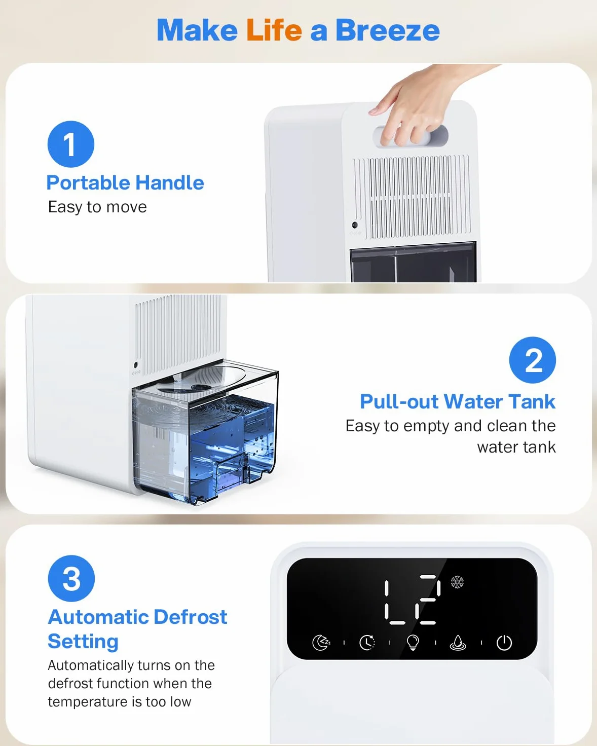 Déshumidificateur d’air électrique 1500mL – avec minuterie, dégivrage auto, arrêt auto, silencieux, 7 lumières LED – pour salle de bain, armoire, chambre à coucher