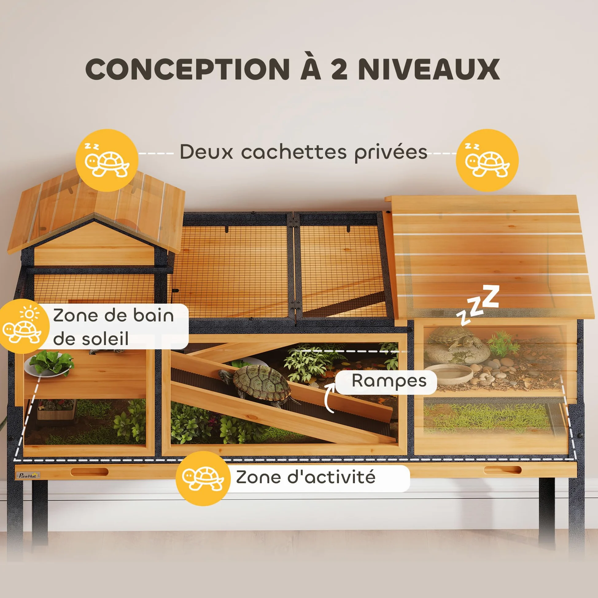PawHut Maison pour Tortues, Habitat en Bois à 2 étages avec 2 Chambres, enclos intérieur extérieur avec rampes, Toit ouvrable et Plateau, Grande Cage pour Reptiles, 128x63x96cm, Jaune