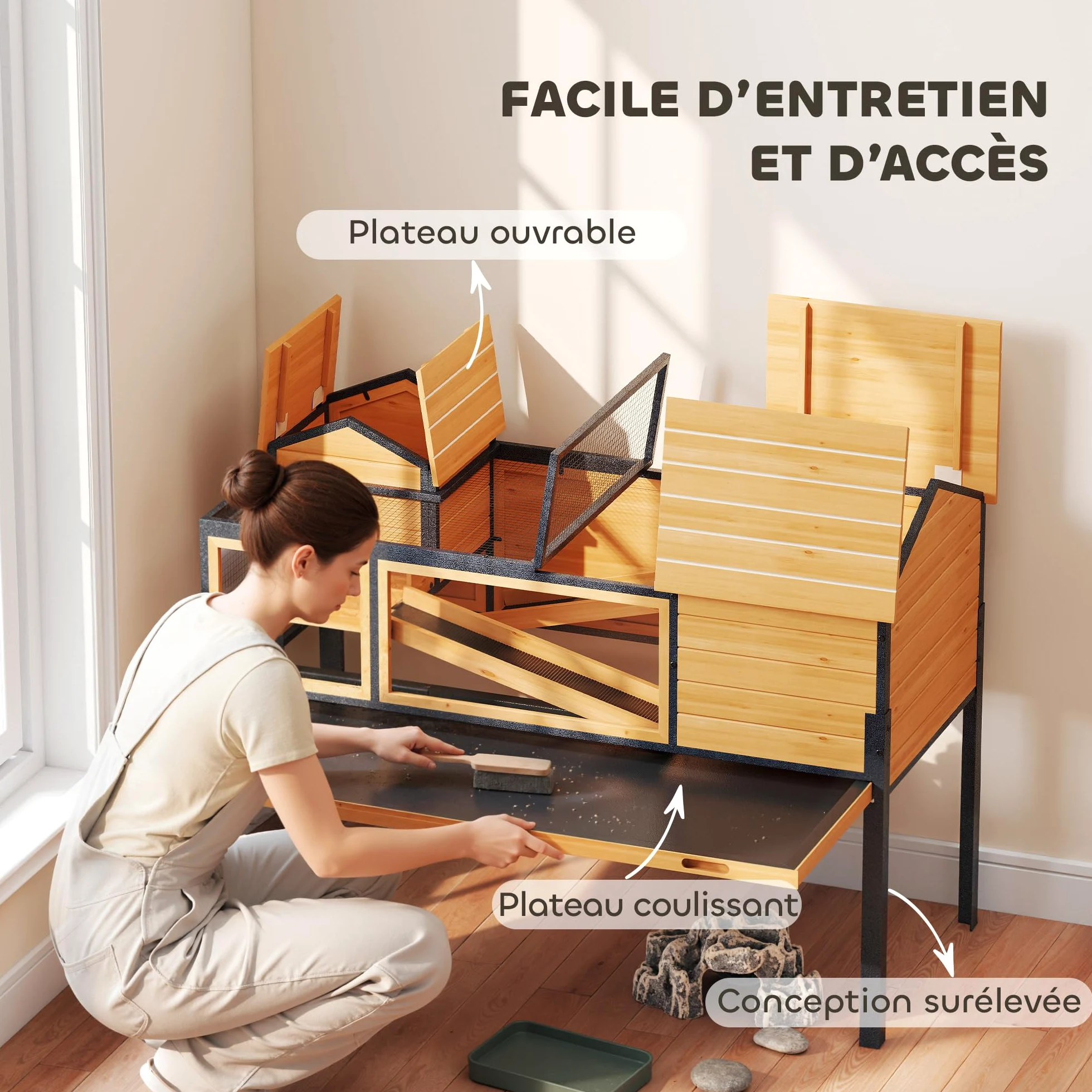 PawHut Maison pour Tortues, Habitat en Bois à 2 étages avec 2 Chambres, enclos intérieur extérieur avec rampes, Toit ouvrable et Plateau, Grande Cage pour Reptiles, 128x63x96cm, Jaune