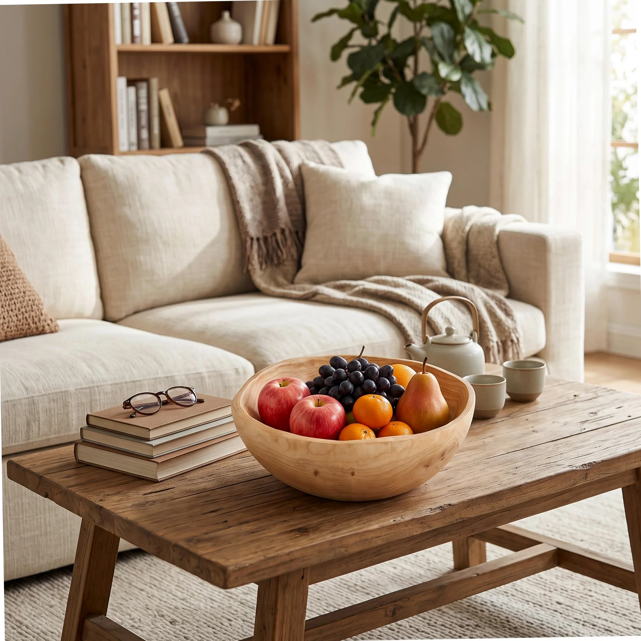 Bol en bois avec bol décoratif à revêtement de grain naturel, 10-11 pouces | Lisse sans bord, construction robuste, lavage facile, convient aux fruits, salades, bijoux, clés.
