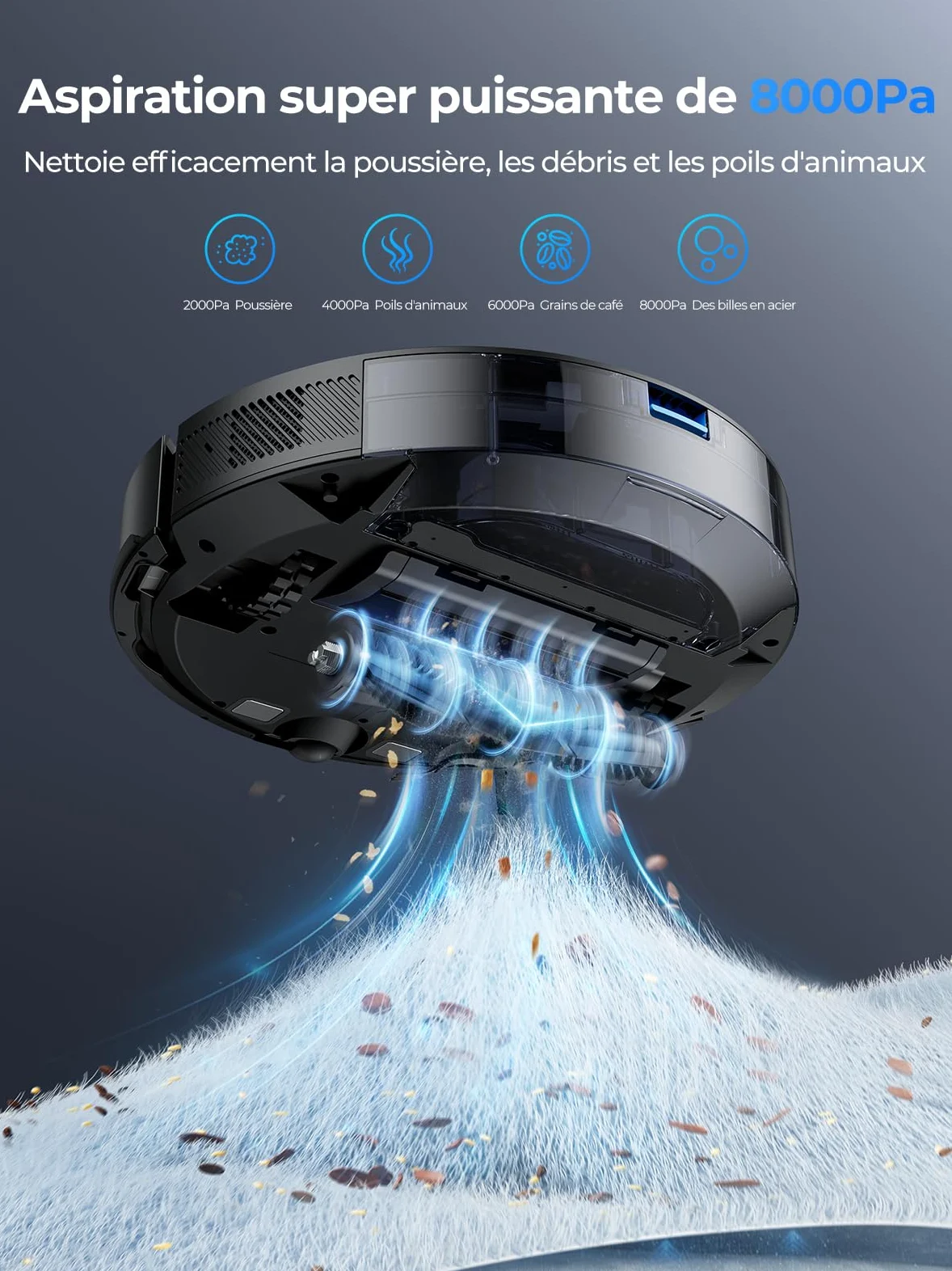 Aspirateur Robot, 8000Pa 200Mins Robot Aspirateur Navigation LiDAR Laveur, Robot Laveur de sol, Cartes Pour Sols Multiples, Commande Alexa/APP/WiFi, Idéal Pour Poils d’Animaux, Tapis et Sols Durs
