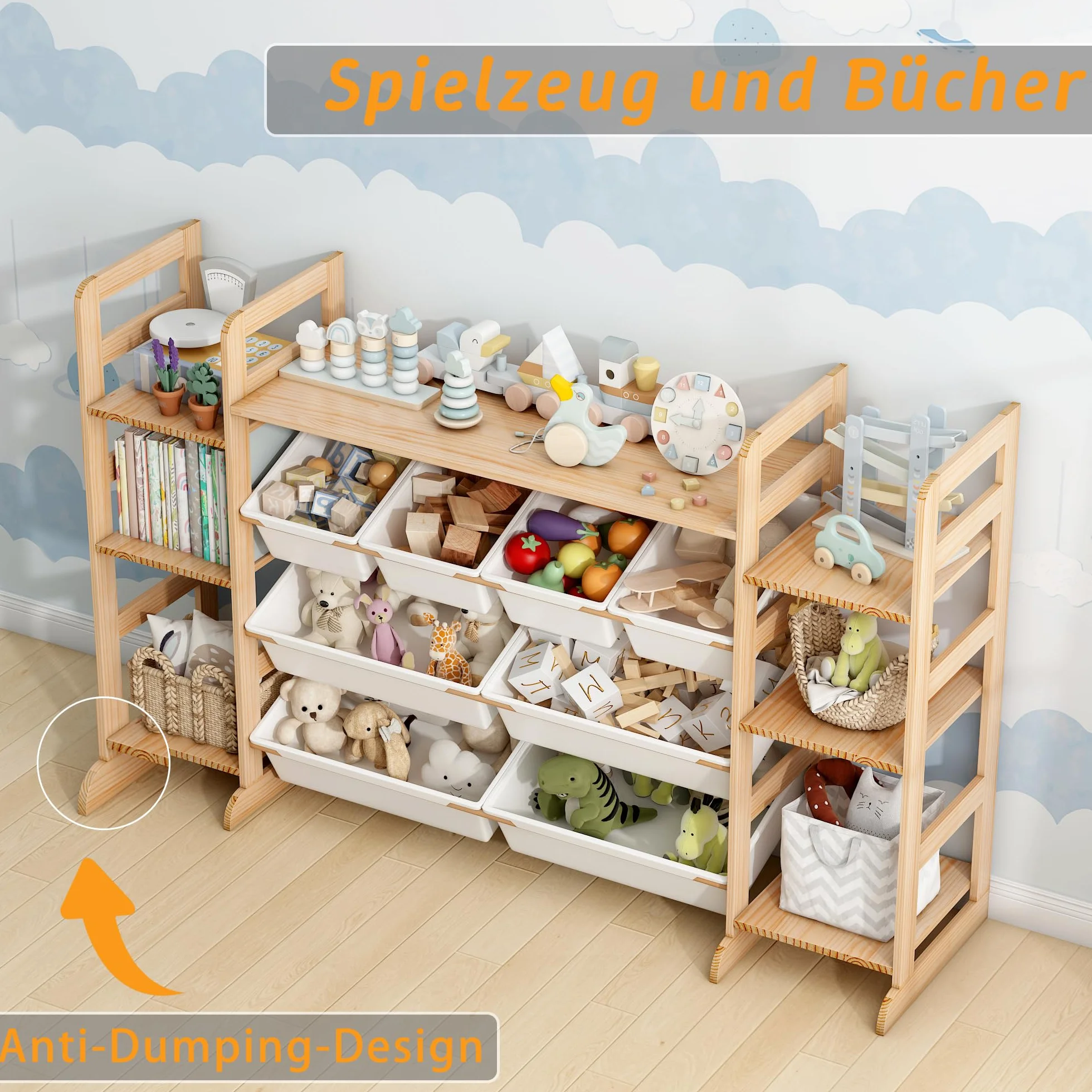 Meuble de Rangement Jouets Enfant Bibliothèque Enfant avec 8 Boîtes Amovibles, Bibliotheque Enfant Bois pour Aux Chambres à Coucher et aux Salles de Classe (133 x 80 x 34.5 cm)