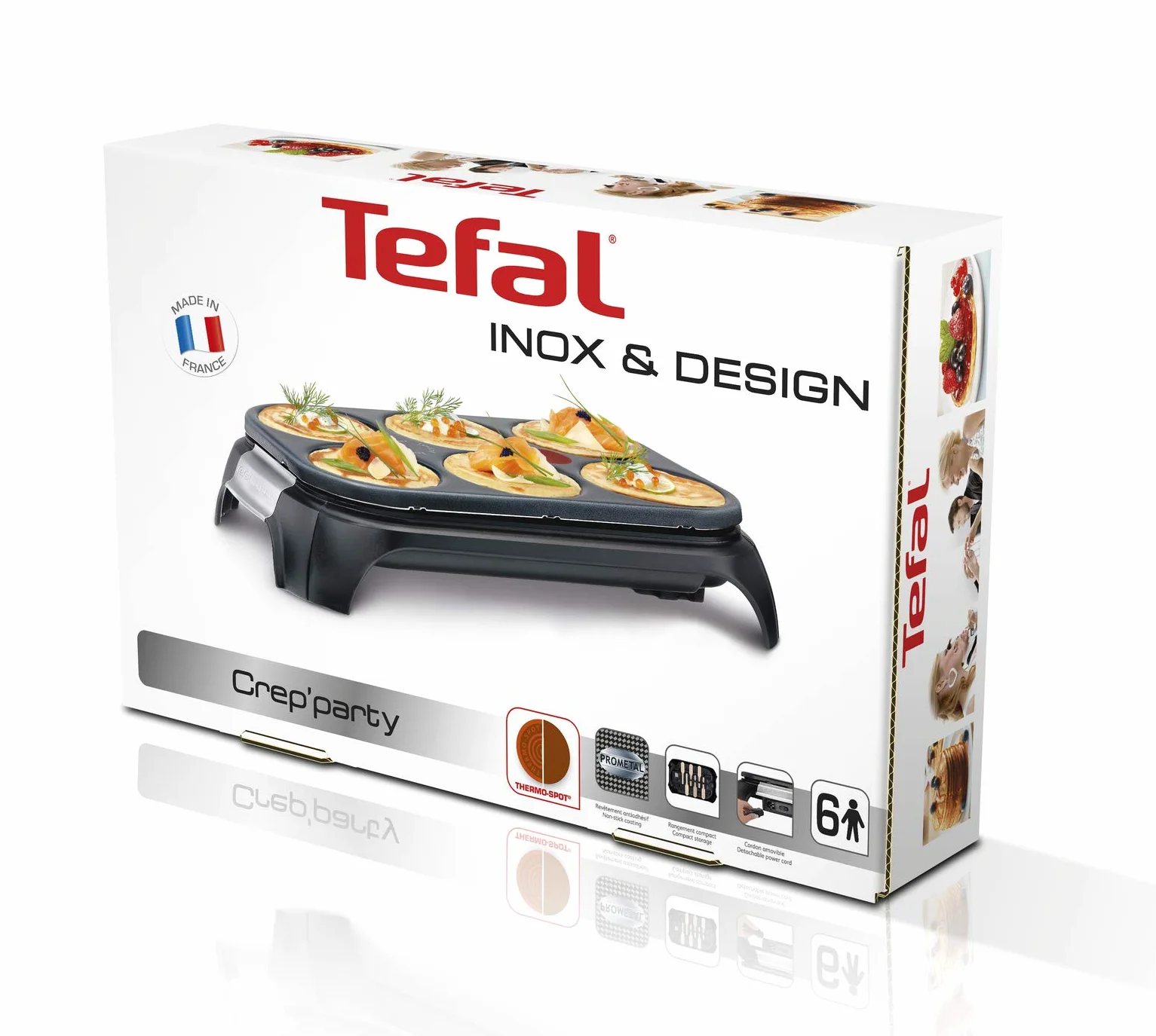 Tefal Crêpière électrique, 6 empreintes, Revêtement antiadhésif, Fonction Thermospot, Rangement des accessoires sous l’appareil, Crêpes, Pancakes, Fabriqué en France, Crep Party PY558813, Noir/Inox