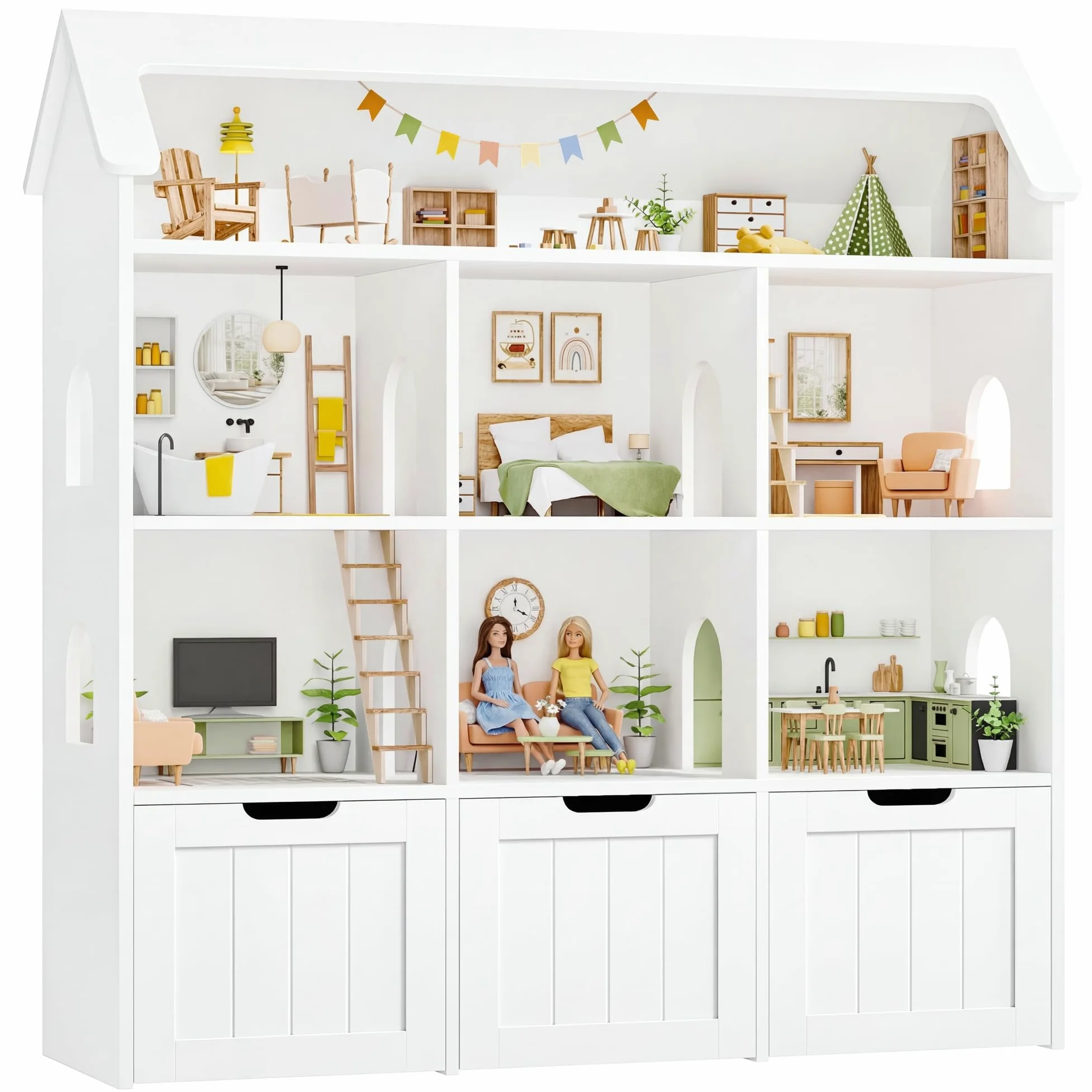 FOREHILL Meuble Rangement Enfant, Maison de Poupée, Bibliothèque Enfant avec 7 Étagères 3 Tiroirs Roulants, Rangement Jouet Chambre Enfant, 120x30x117.5cm, Blanc