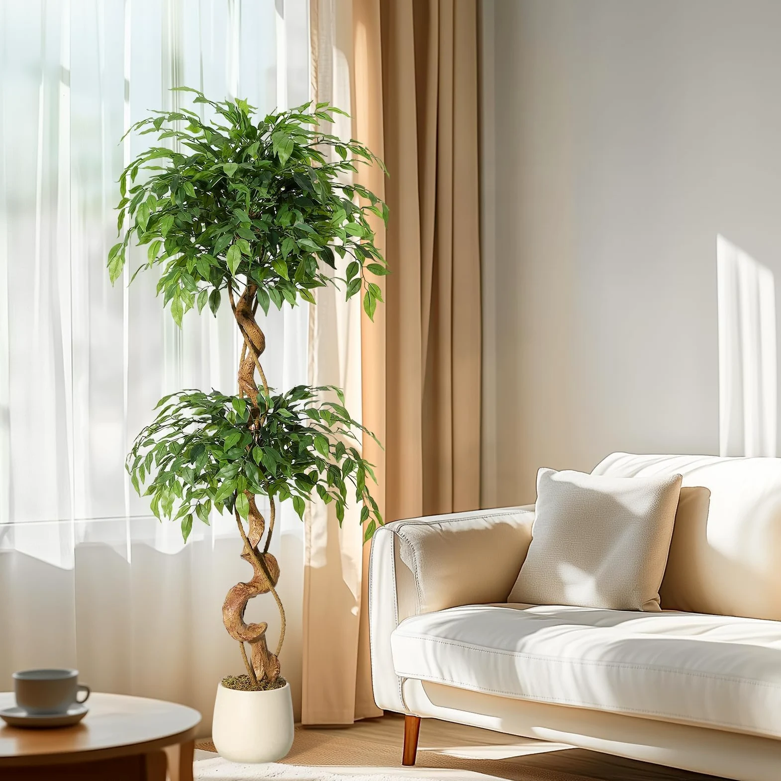 Ficus Artificiel 150 cm, Arbre Artificiel Intérieur Grande Plante Faux | Troncs Torsadés Naturels et Artistiques, Feuilles en Soie Haut de Gamme, Pot Blanc Inclus pour Décoration Maison Salon Bureau