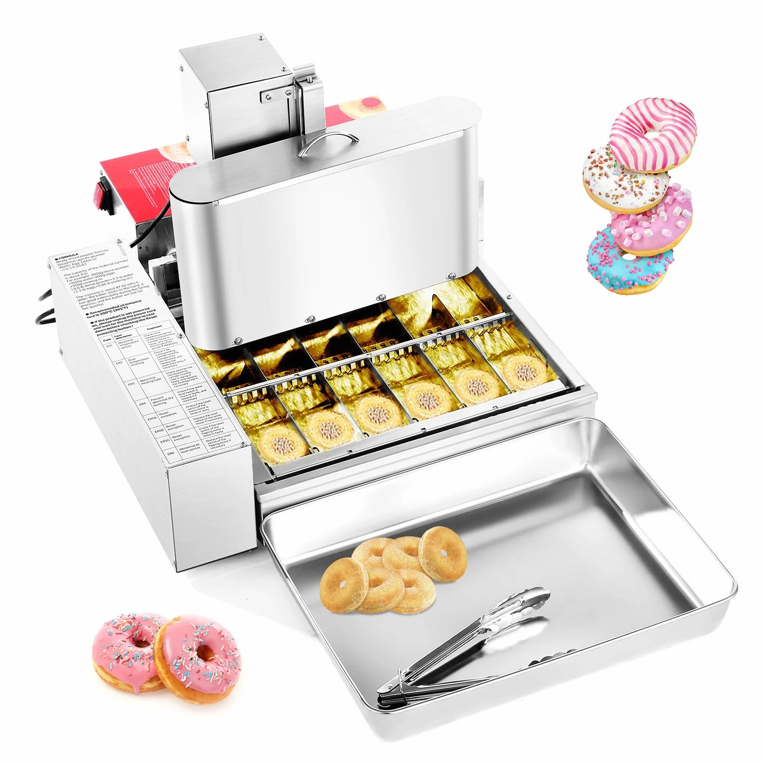 VEVOR Machine à beignets automatique commerciale, appareil à donuts électrique à 6 rangées, haute puissance, 360 pièces/heure, trémie de 4,5 L, friteuse en acier inoxydable, avec contrôle intelligent