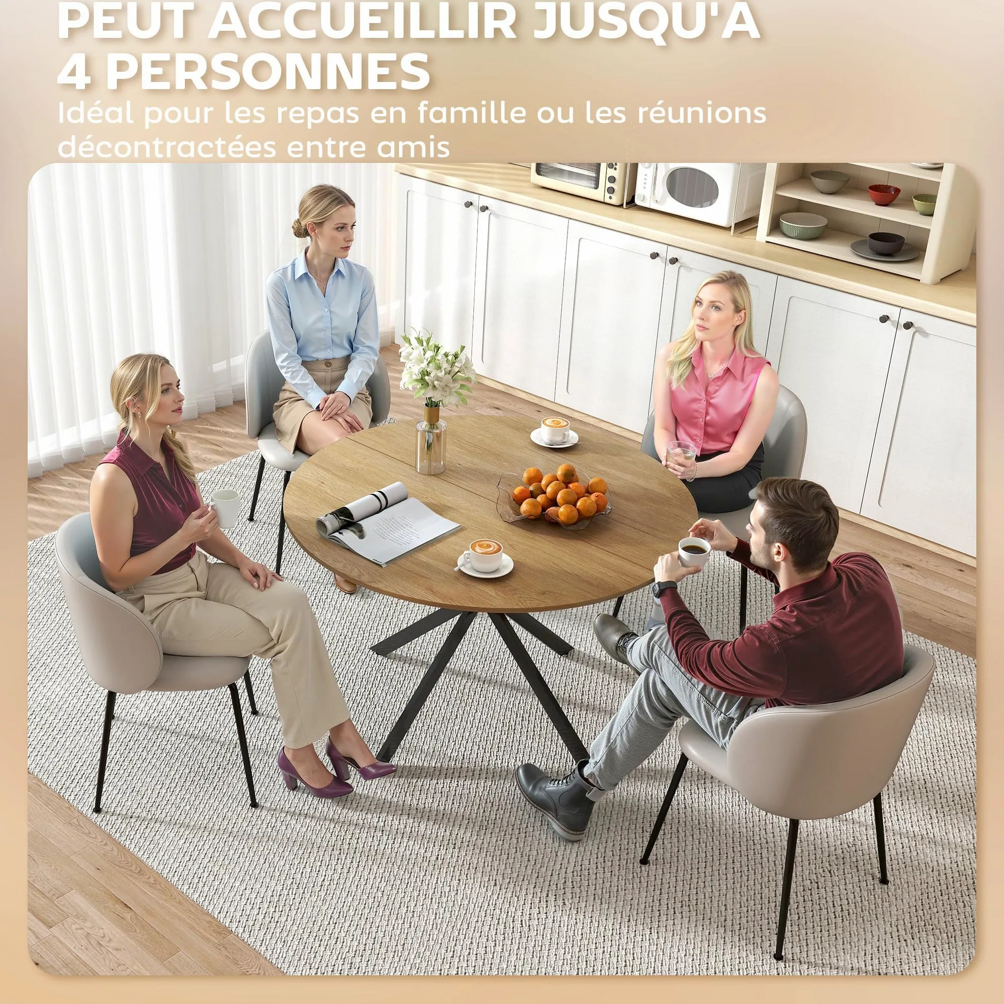 HOMCOM Table à Manger Ronde pour 4 Personnes Table de Cuisine 120 cm Style Industriel avec Plateau Aspect Bois et piètement croisé en Acier, chêne