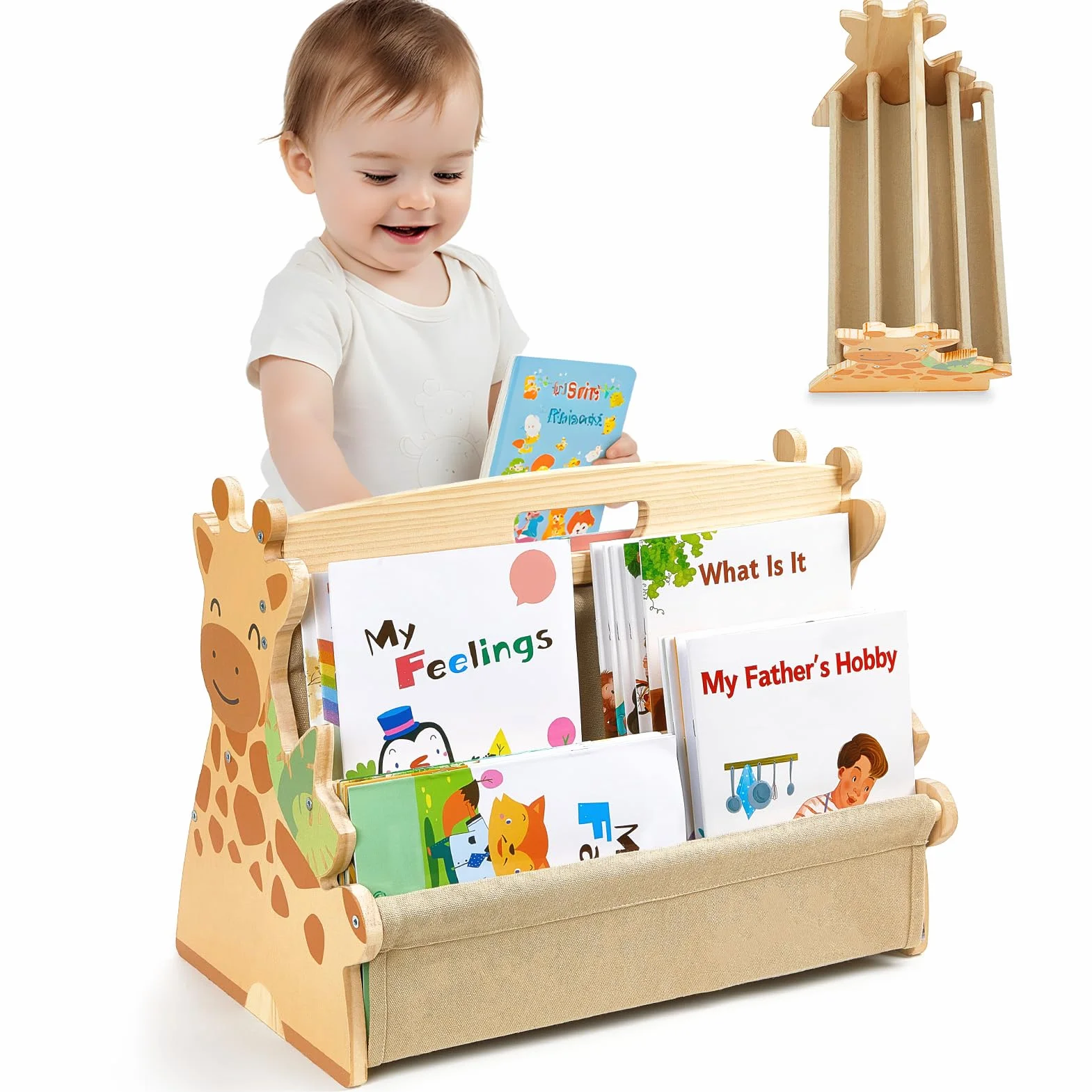 MHJY Bibliothèque Enfant Double Face - Étagère Livres Bois et Toile avec Poignée, Meuble Rangement Montessori Portable, Organisateur de Chambre et Salle de Jeux, Design Robuste et Sécurisé