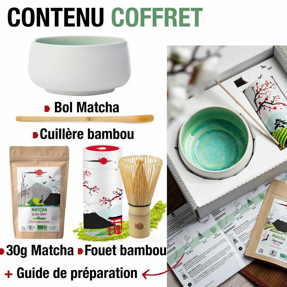ORIGEENS Kit Matcha Complet JADE - Conditionné en France - Matcha Kit avec Bol Matcha Artisanal (Portugal), Fouet Chasen, Thé Matcha BIO Japonais et Cuillère doseuse Chashaku