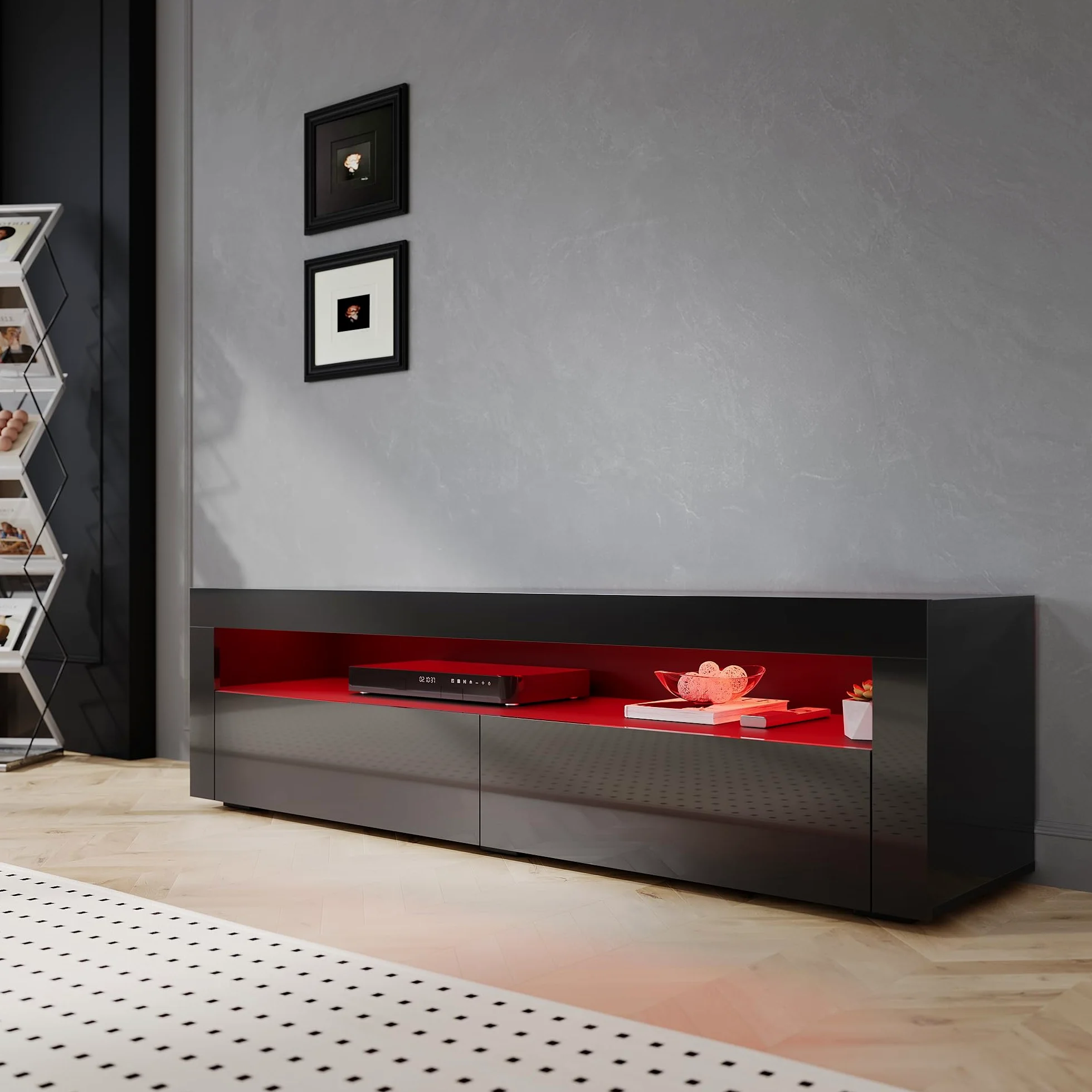SIRHONA Meuble TV Noir, Meuble Tele avec LED, Éclairage LED RGB avec Couleur réglable, 2 Placards avec Portes, 160x40x45cm, Convient pour Salon ou Chambre