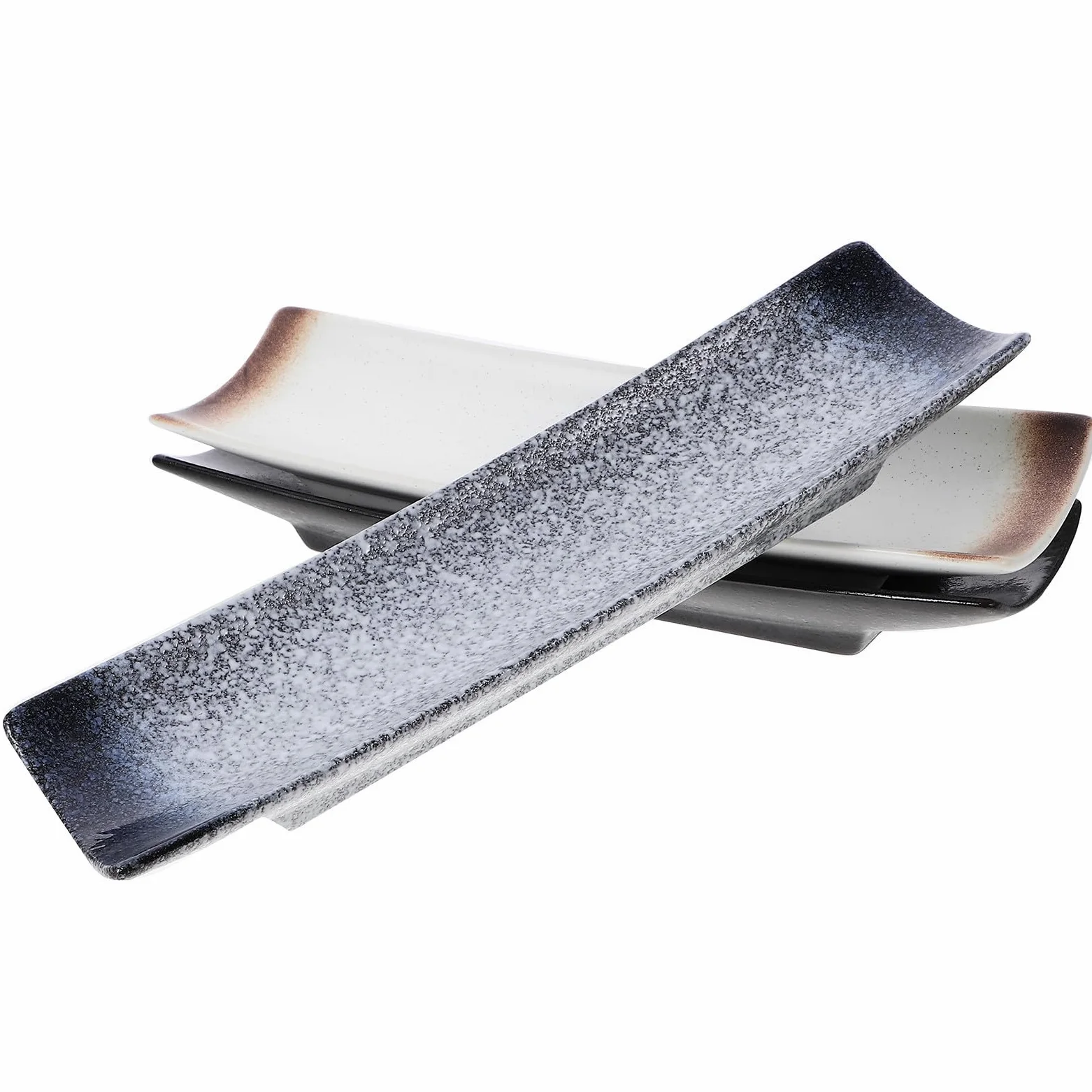 Lot de 3 Assiettes à Hors-d'œuvre Rectangulaires en Céramique Style Japonerie pour Restaurants et Hôtels, Plat de Service pour Sushi et Amuse-Gueules Style Aléatoire