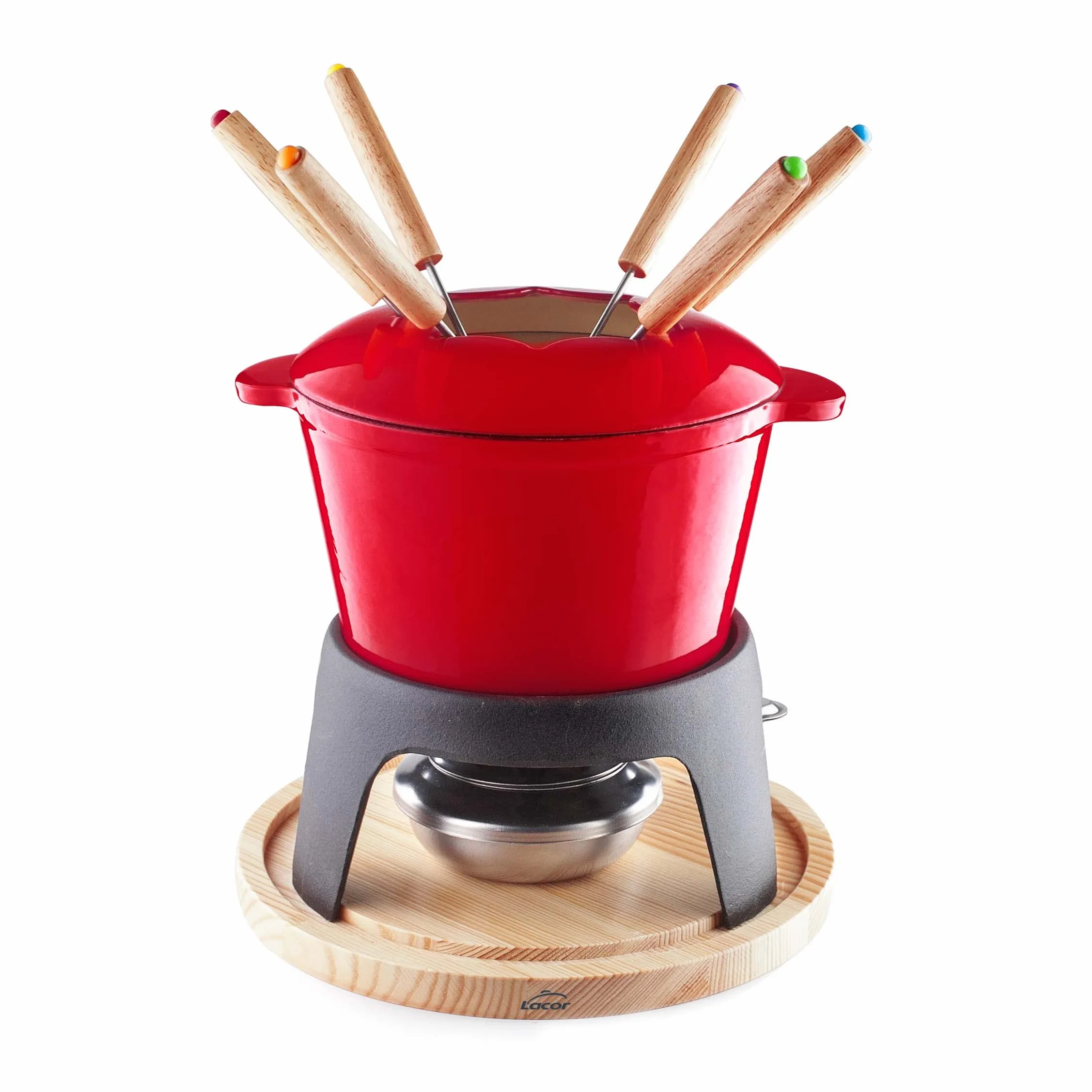 Lacor - 71711 - Service à fondue en fer forgé émaillé, support en fer avec base en bois, adapté à l'induction, 6 fourchettes Ø 16,5 x 10 cm (1,7 litres), Rouge