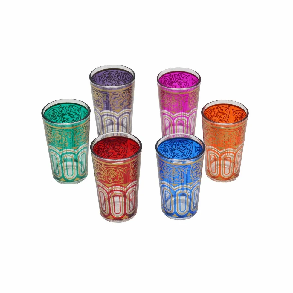 Service à thé marocain complet : Théière 750 ml Plateau typique 32 cm plus 6 verres en cristal de couleur