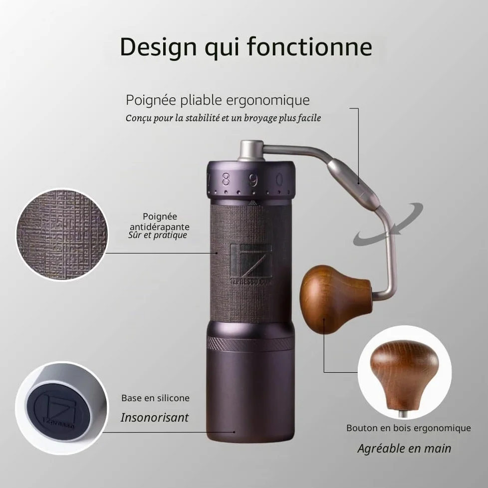 1Zpresso J-Ultra Moulin à café manuel gris fer, fraise conique, poignée pliable, tasse magnétique de 40 g, réglage numérique fin, efficacité de broyage plus rapide, idéal pour expresso (gris fer)