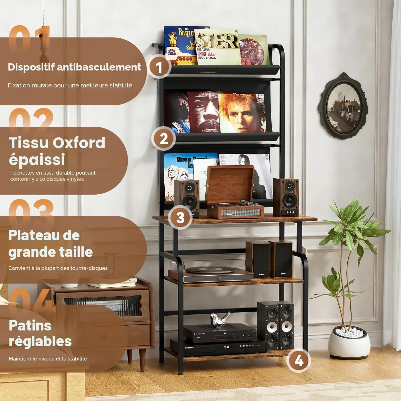 6 étages Platine Support Vinyle Rangement,Présentoir pour Disques Vinyles avec 3 étages rangement de disques vinyles,Armoire Table de Tourne,Tourne Disque Vinyle Stockage pour Salon,Studio,78x169x38cm