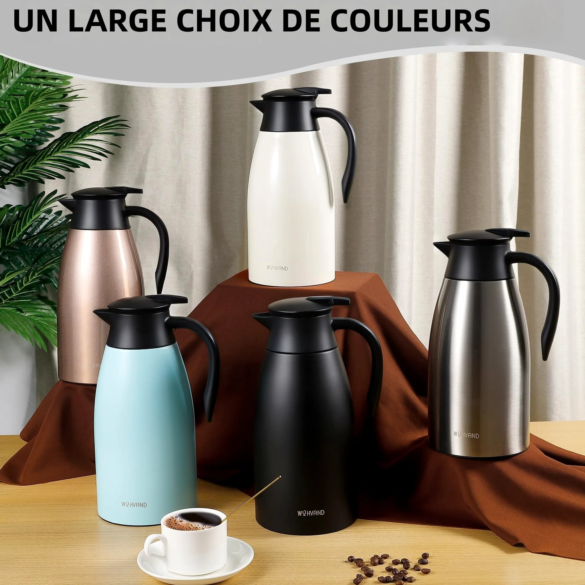 Carafe Isotherme 2L, Pichet à Café en Acier Inoxydable 304, Garde le Chaud et le Froid, Étanche, Versement à Une Main, Maison, Bureau et Hôtel, Noir