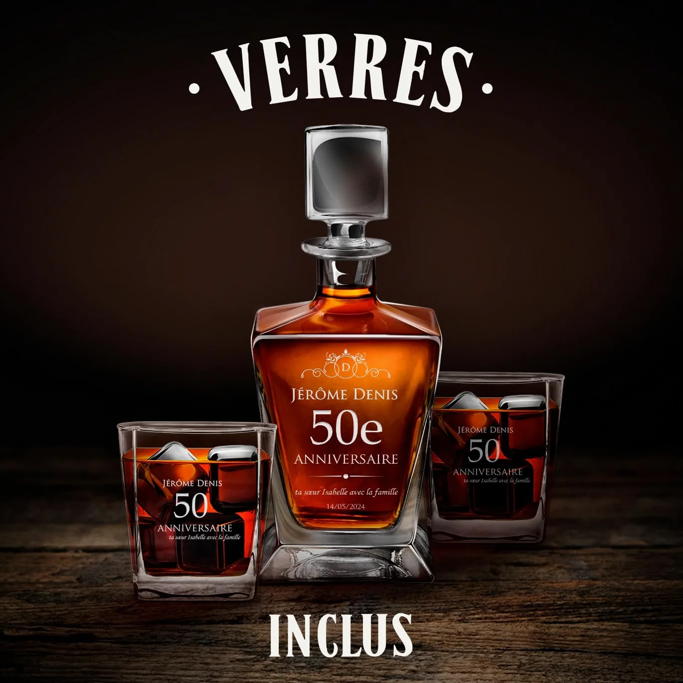 Maverton Ensemble de Carafe et 2/4 / 6 verres à whisky avec personnalisation - Set en verre transparent pour homme - pour anniversaire - pour lui - pour dégustation de whiskey - 50 ans
