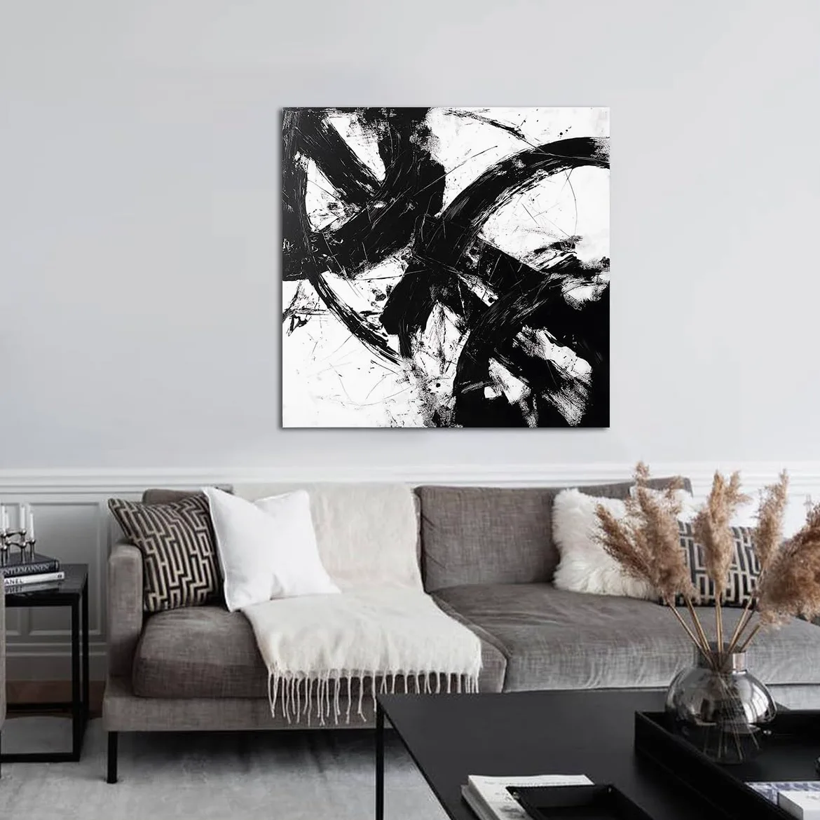 Affiches contemporaines Peinture à l’encre Toile Peinture Peinture murale Imprimé en noir et blanc Fresque encadrée Œuvres d’art pour chambre Chambre Chambre d’amis Décoration intérieure 40x40cm