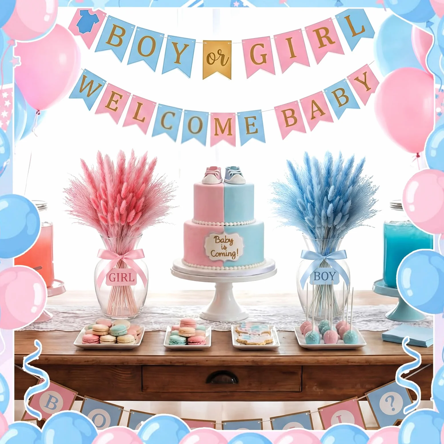 Hoteam Lot de 105 décorations de révélation du sexe rose bleu herbe de la pampa garçon ou fille | Décoration de fête prénatale « He or She » bohème - Herbe de la pampa - Fleurs séchées pour centres de table ou vase