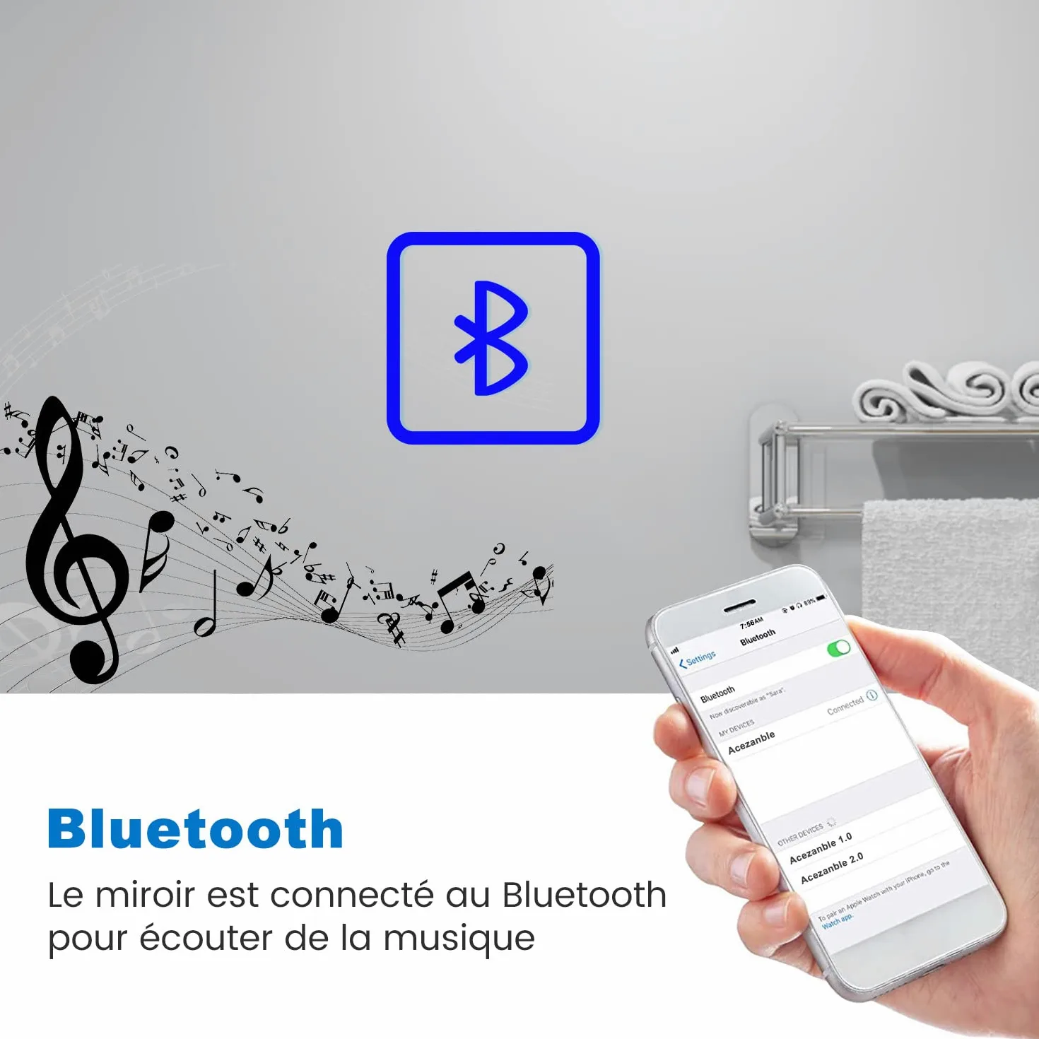AICA Miroir de Salle de Bain à LED avec Bluetooth 120 x 70cm, Mural Miroir avec Anti-buée + 3 Couleurs + Horloge, Miroir avec Interrupteur Tactile Étanche IP44, Éclairage à Intensité Variable