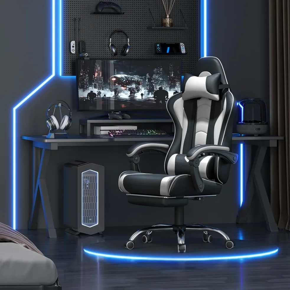 Yaheetech Chaise Gaming Ergonomique Massante avec Repose-Pieds Inclinable Rembourré en Similicuir, Fauteuil de Bureau avec Appui-tête et Support Lombaire Roues Pivotantes Blanc