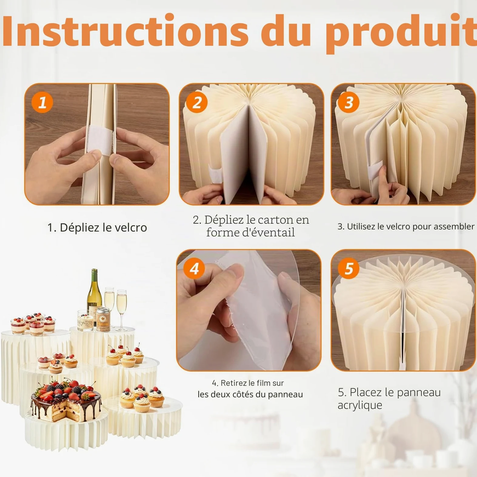 Lot de 6 Presentoir Aperitif Buffet Pliable, Presentoir Gateau avec 6 assiettes rondes en PVC, Support Gateau en Acrylique et en Carton, pour Traiteur, Dessert, Bijoux, Figurines, Bonbons, Aliments