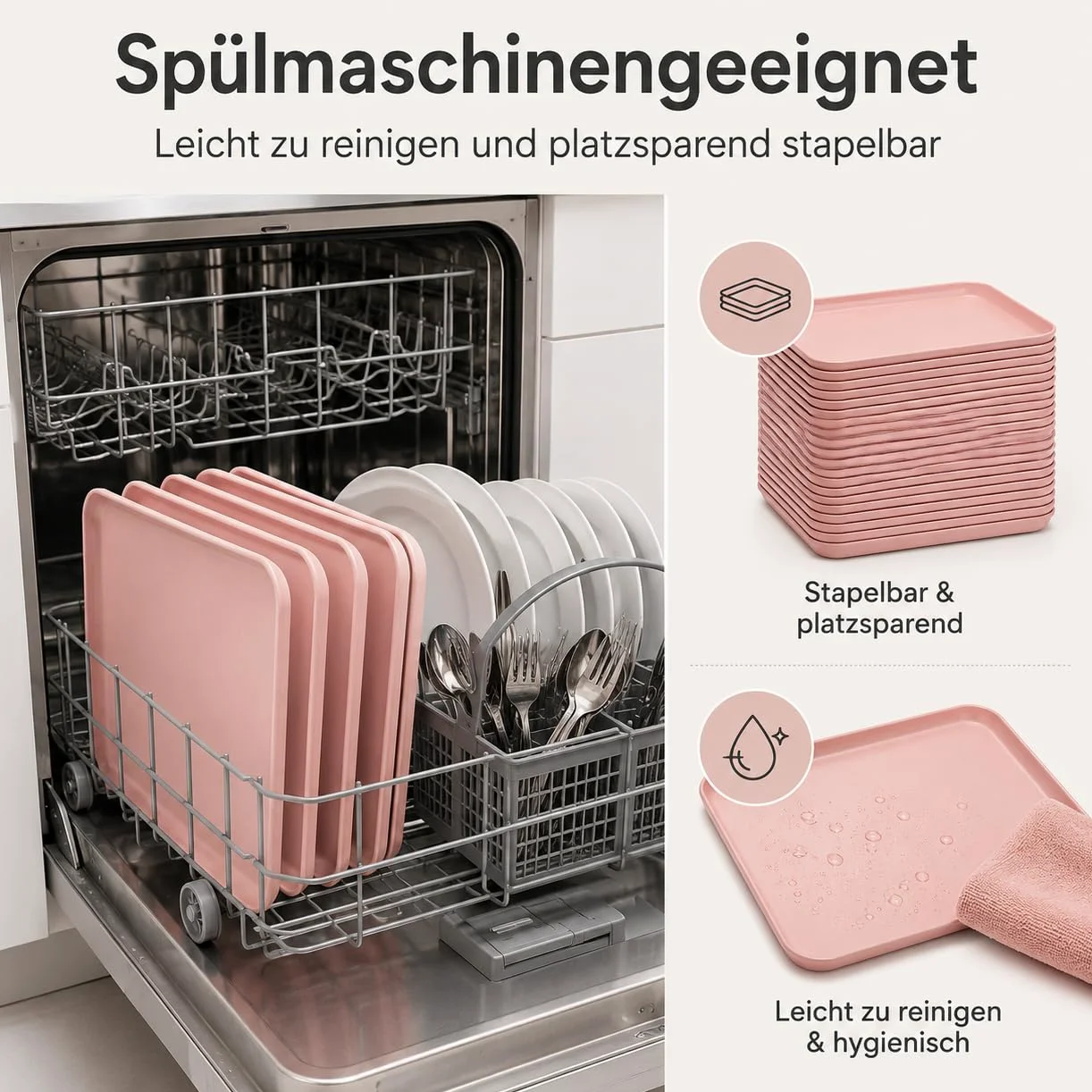 Lot de 24 plateaux de service jusqu'à 20 kg - Résistants aux températures - Passe au micro-ondes - Bord surélevé - Rectangulaire - Passe au lave-vaisselle - Pour cuisine, cantine, café (rose)