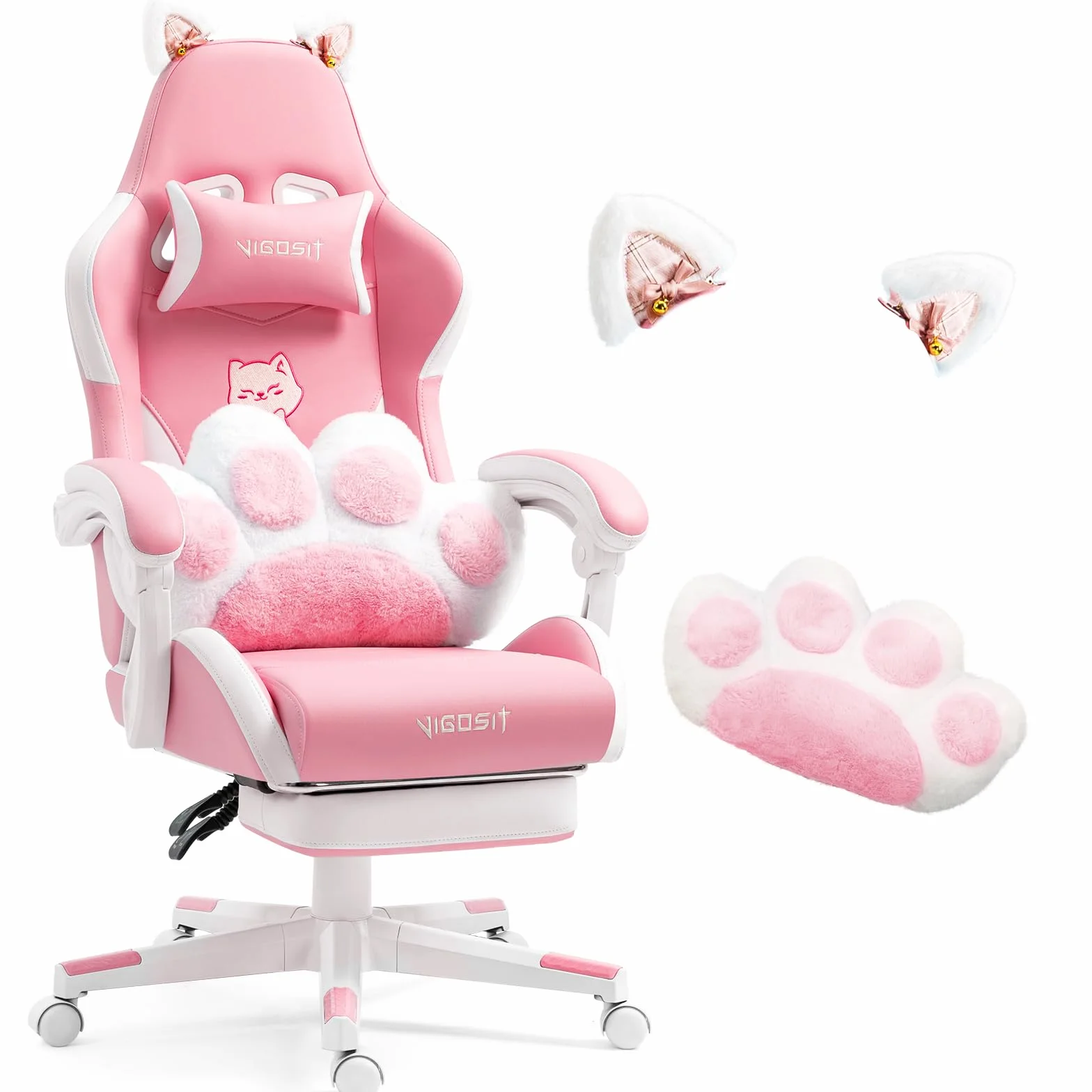 Vigosit Chaise de jeu PC mignonne, ergonomique, avec coussin lombaire et oreilles de chat, repose-pieds réglable, pour filles, adolescentes, enfants, rose