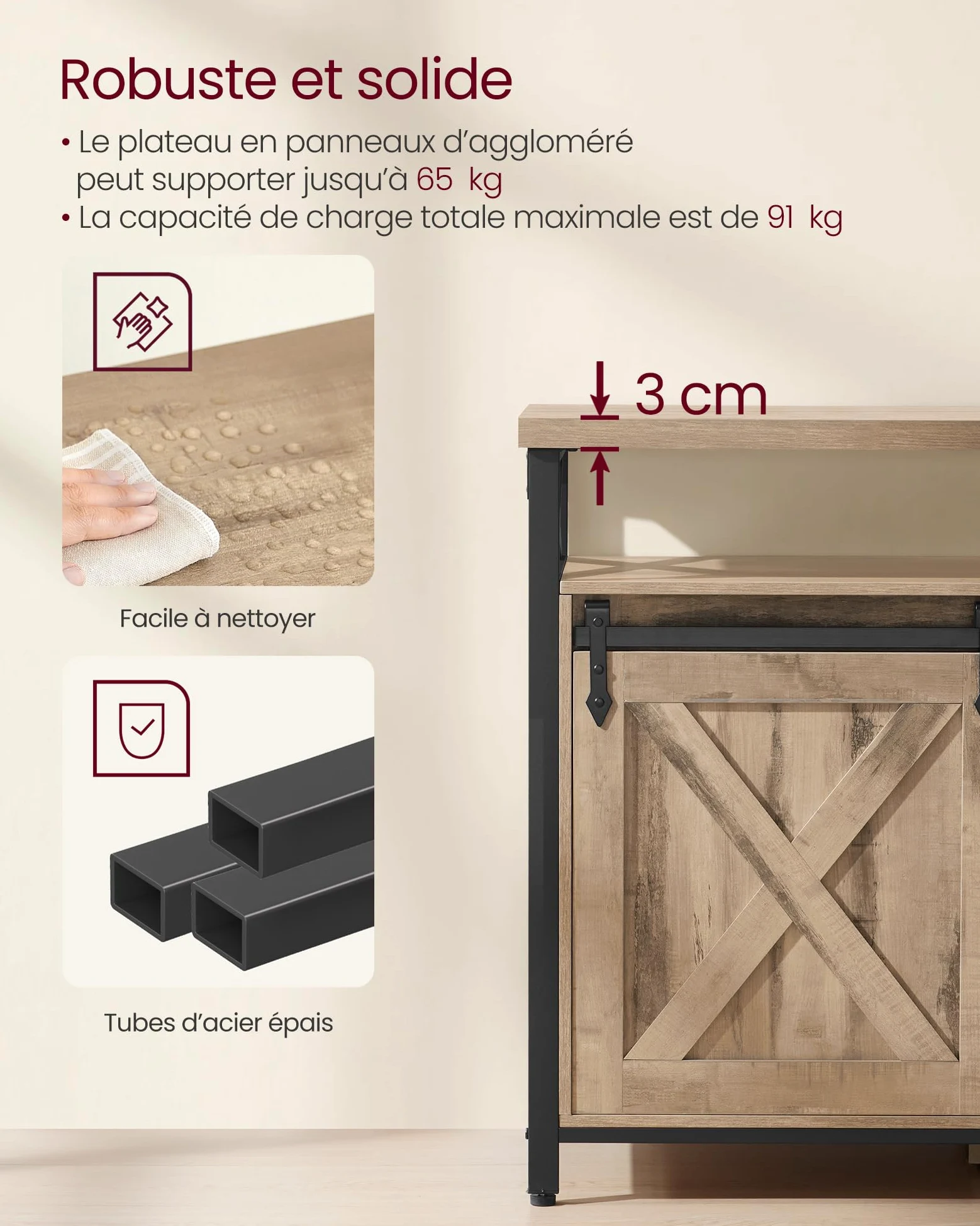 VASAGLE Meuble TV, Support pour Téléviseur Jusqu’à 65 Pouces, avec Étagères Réglables, Portes Imitation Grange, Style Rustique, Cadre en Métal, Marron Camel et Noir Simple LTV071B50V1