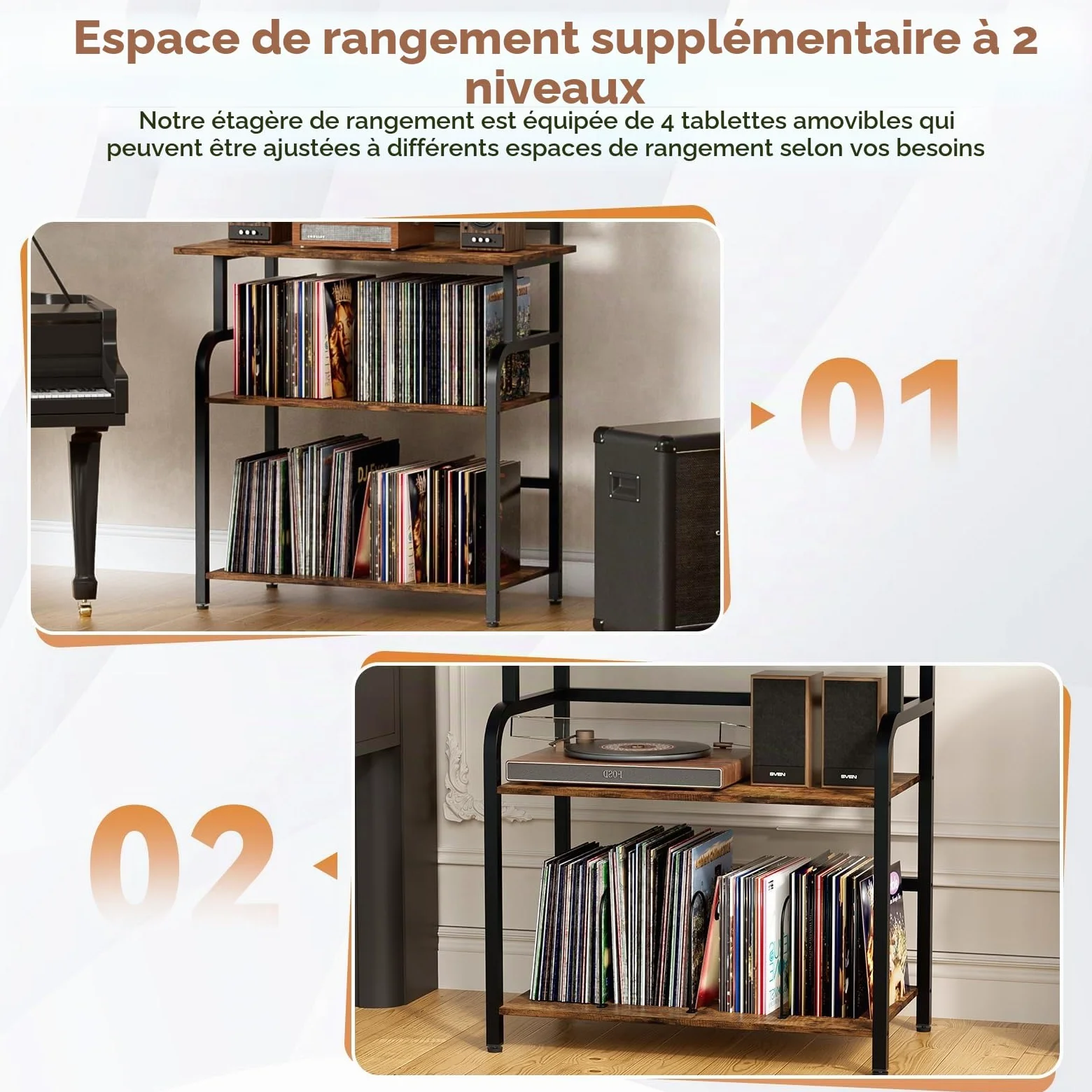 6 étages Platine Support Vinyle Rangement,Présentoir pour Disques Vinyles avec 3 étages rangement de disques vinyles,Armoire Table de Tourne,Tourne Disque Vinyle Stockage pour Salon,Studio,78x169x38cm