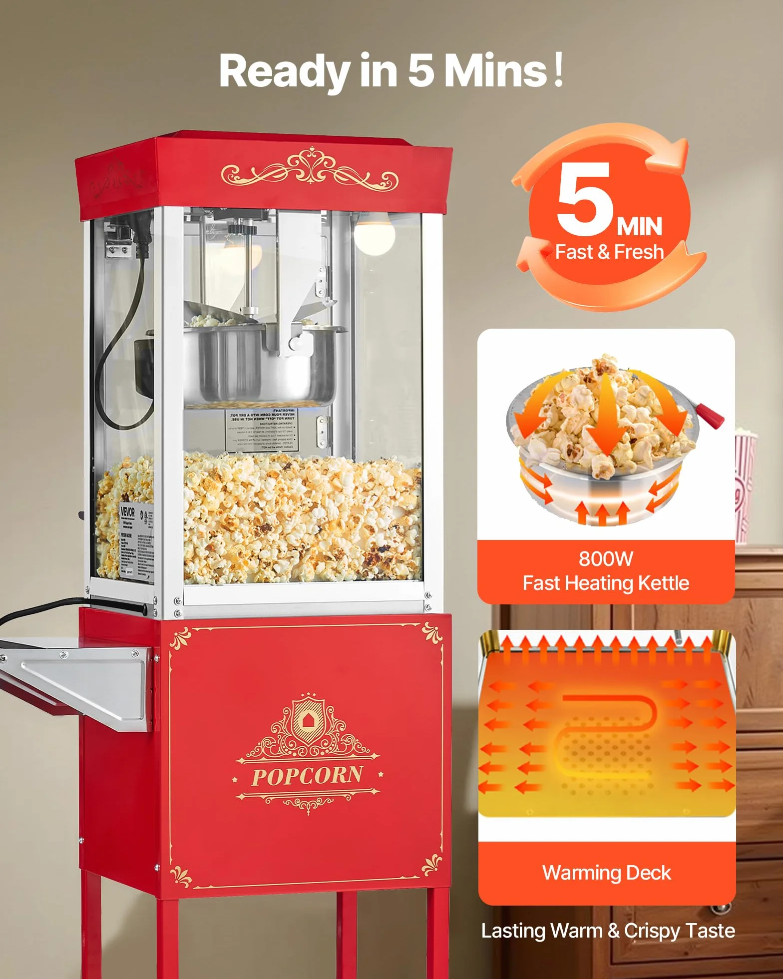 VEVOR Machine à Pop Corn avec Chariot, Éclateur de Maïs 800 W, Grand Bol en Inox 0,2 kg, 48 Tasses par Lot, avec Commande à 2 Boutons, Paroi en Verre, Porte PC, Pelle Doseuse et Cuillères, Rouge
