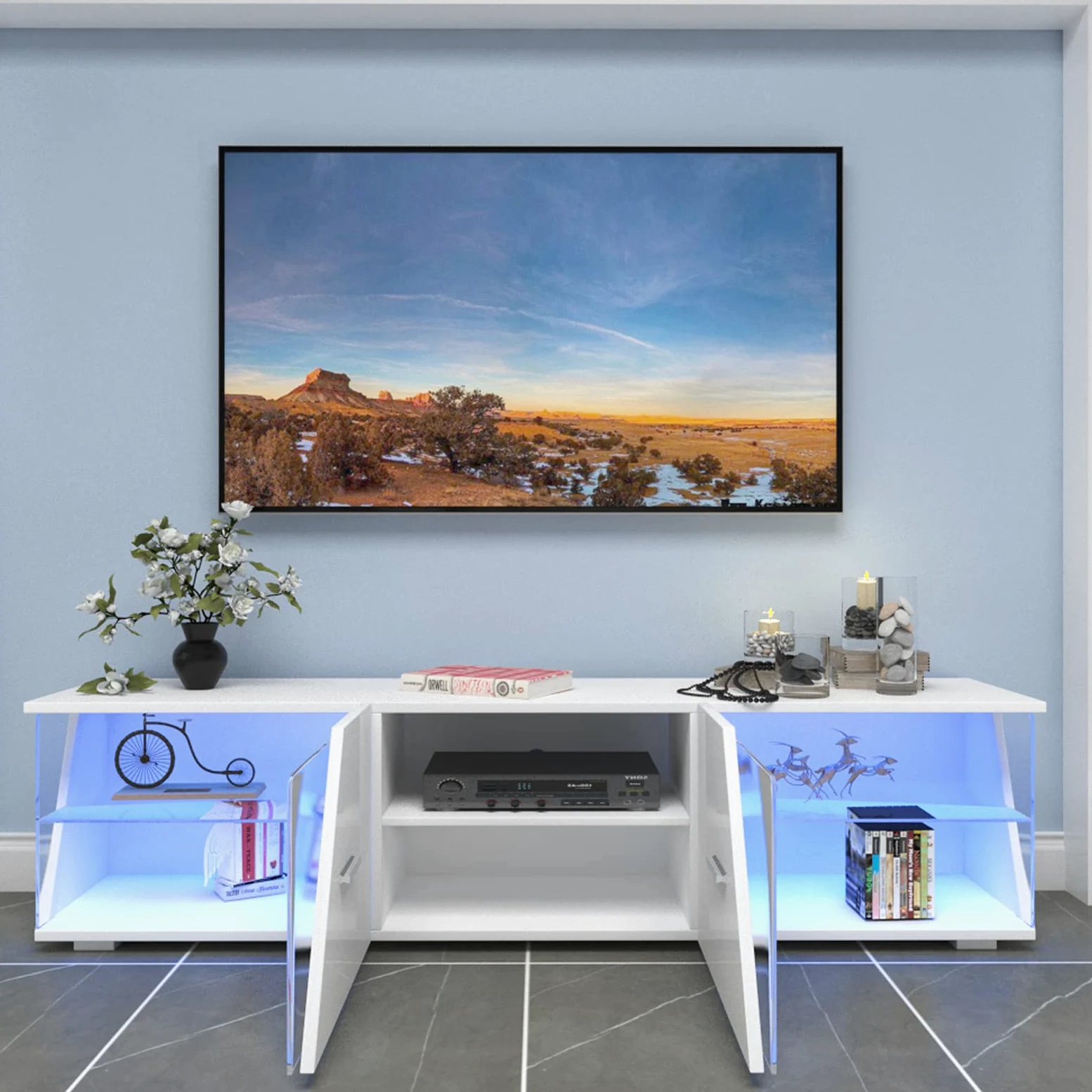 Dripex Meuble TV Bas Blanc Brillant avec éclairage LED 150 x 37 x 35 cm