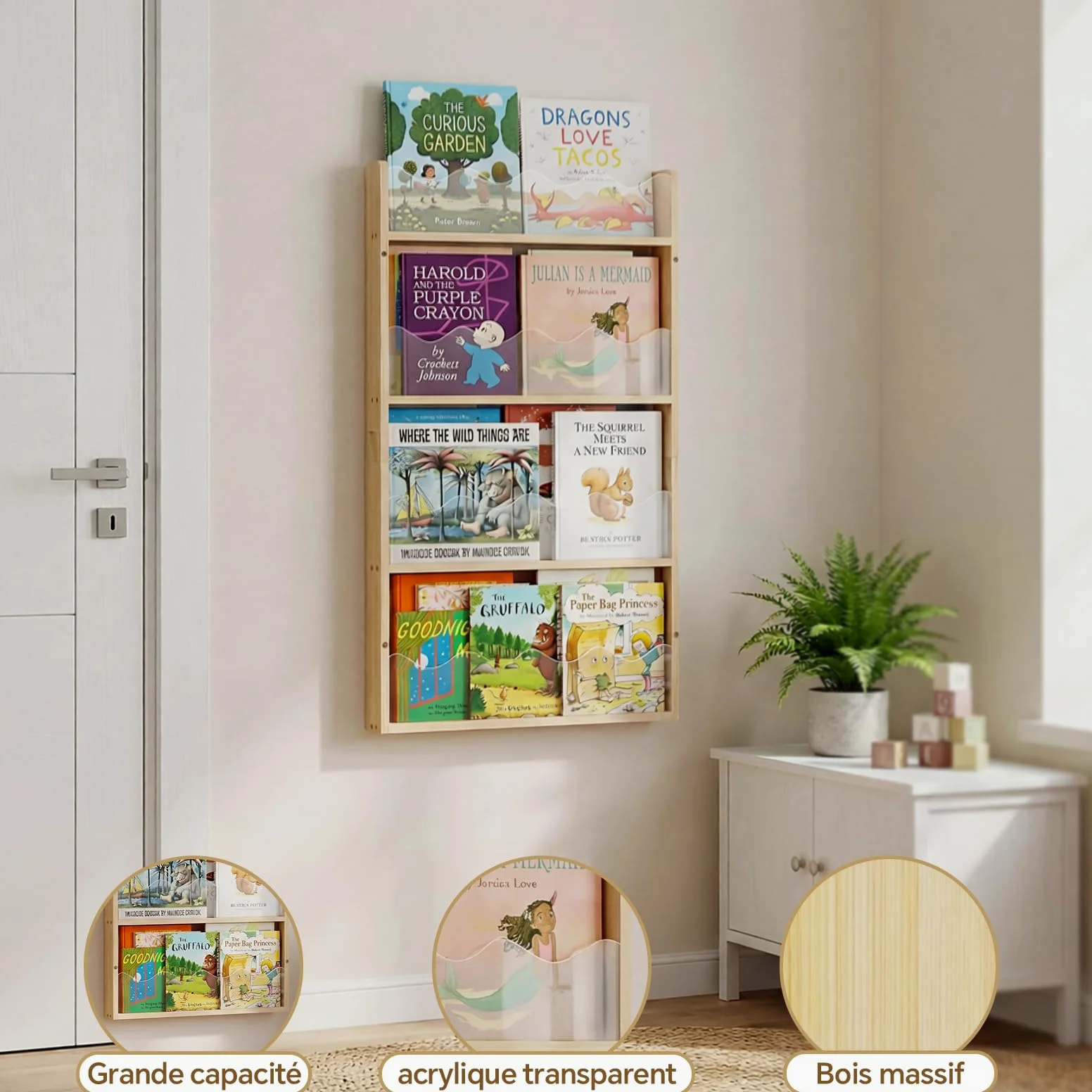 Étagère Murale 4 Niveaux Chambre d'enfant Bois & Acrylique - Étagère à Livres Flottante Chambre Bébé, Étagère Montessori Murale, Rangement Livres Enfant, Organisateur de Jouets & Livres