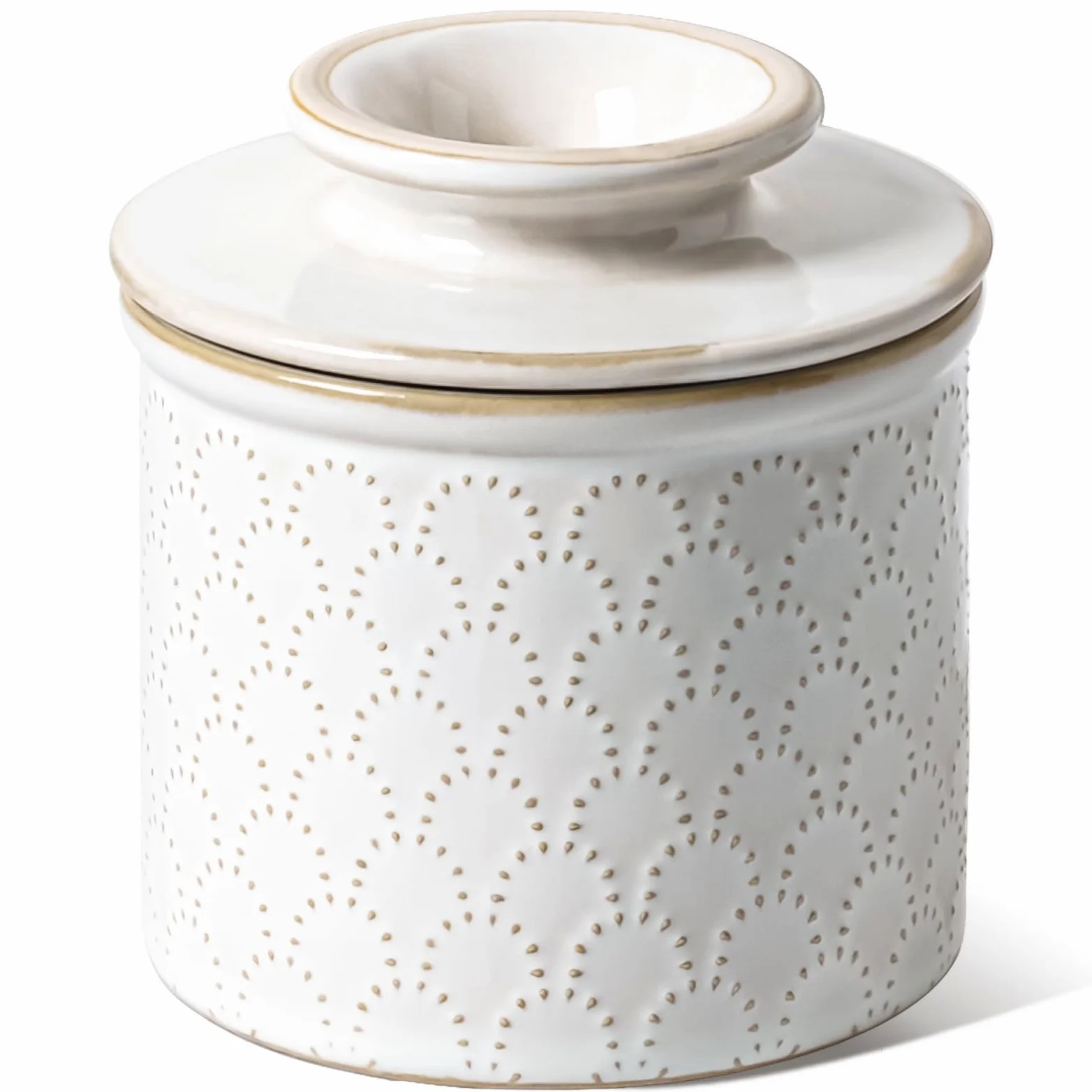 LE TAUCI Cloche à beurre, pot à beurre pour comptoir avec ligne d'eau, beurre français en relief avec couvercle pour tartiner, convient pour pendaison de crémaillère, lot de 1, blanc arctique