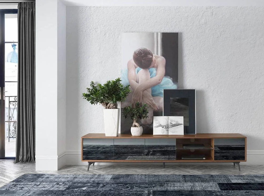 Angel Cerdá - Meuble TV Moderne Bois de Noyer et Verre Noir Soft-Closing | Verre Effet Miroir, Portes Soft-Closing, Durable et Fonctionnel, Meuble TV Salon 240 x 45 x 50 cm