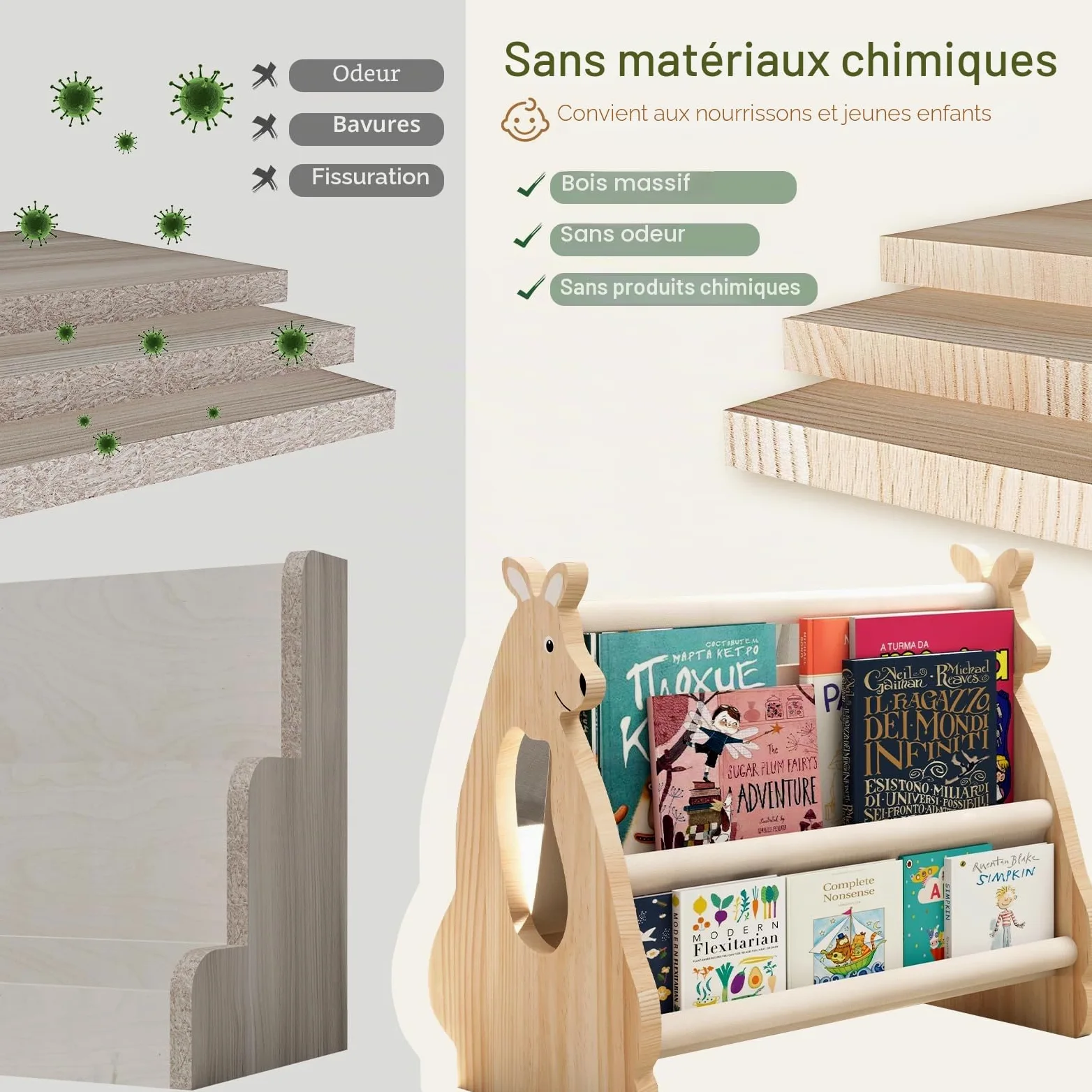 EURYUNG Bibliothèque Enfant Bois – Bibliothèque Montessori Bebe pour Chambre d’Enfant, Design Kangourou, Rangement Livres Enfants, Meuble Chambre Enfant, Bibliothèque Portable, Etagere Livre Enfant